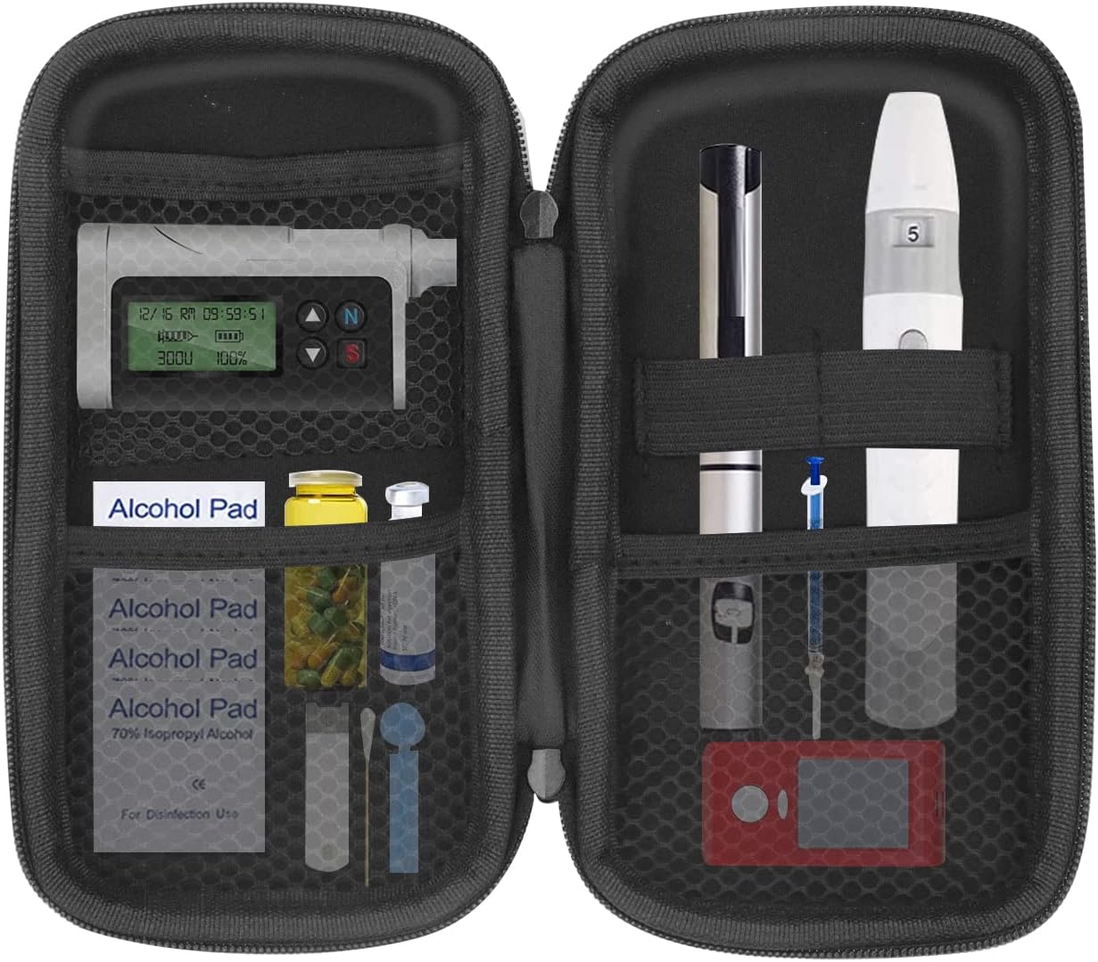 Hojaster Diabetic Supplies Travel Case Glucose Meter Storage Bag Organizer Pack for Blood Sugar Test Strips, Medication, Lancets, Syringe, Pens, Needles other Testing Accessorie, Only (Black)