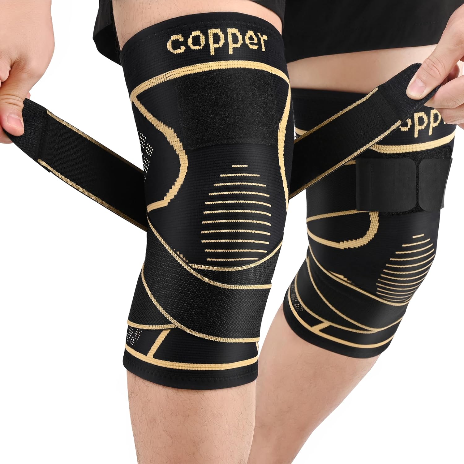 JHVW Copper Knee Braces with Strap for Knee Pain(2 pack)- Knee Compression Sleeve Support for Men Women,Arthritis,Working Out