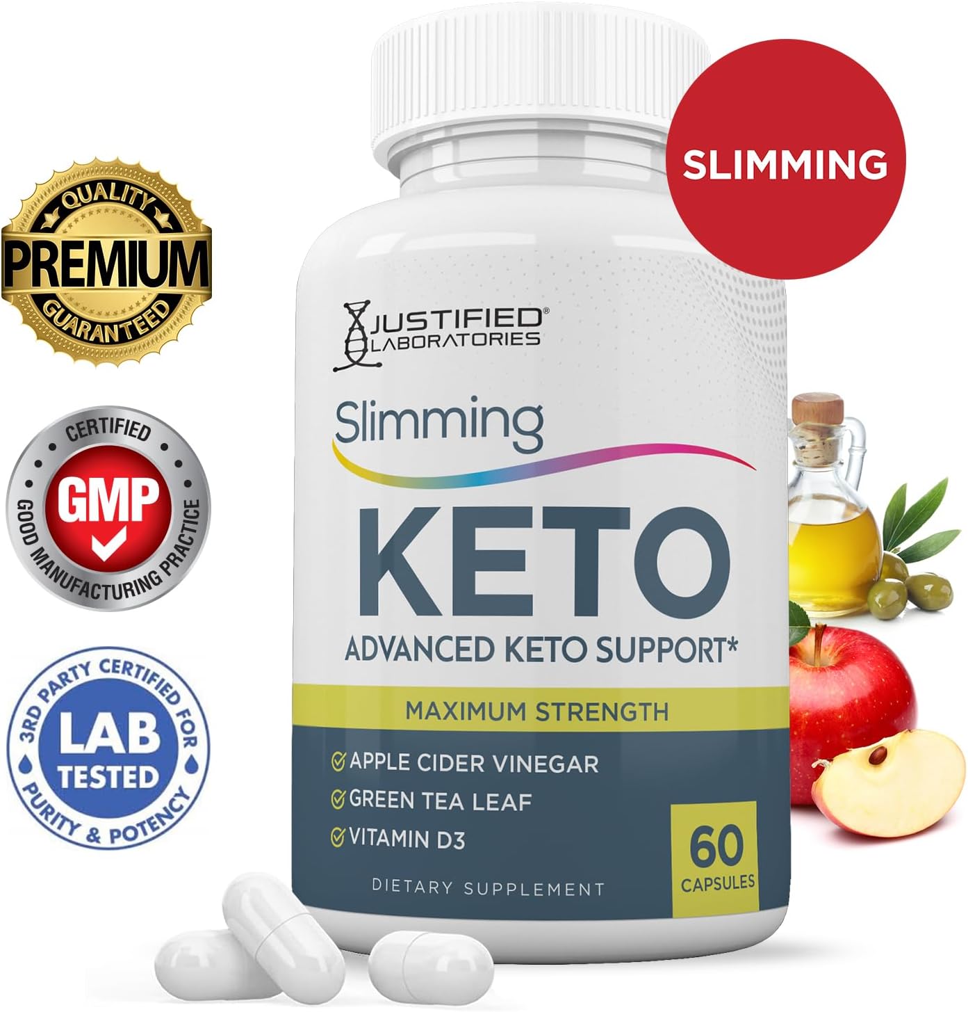 Justified Laboratories Slimming Keto ACV Pills 1275MG Formulated with Apple Cider Vinegar Keto Support Blend Alternative to Gummies 60 Capsules