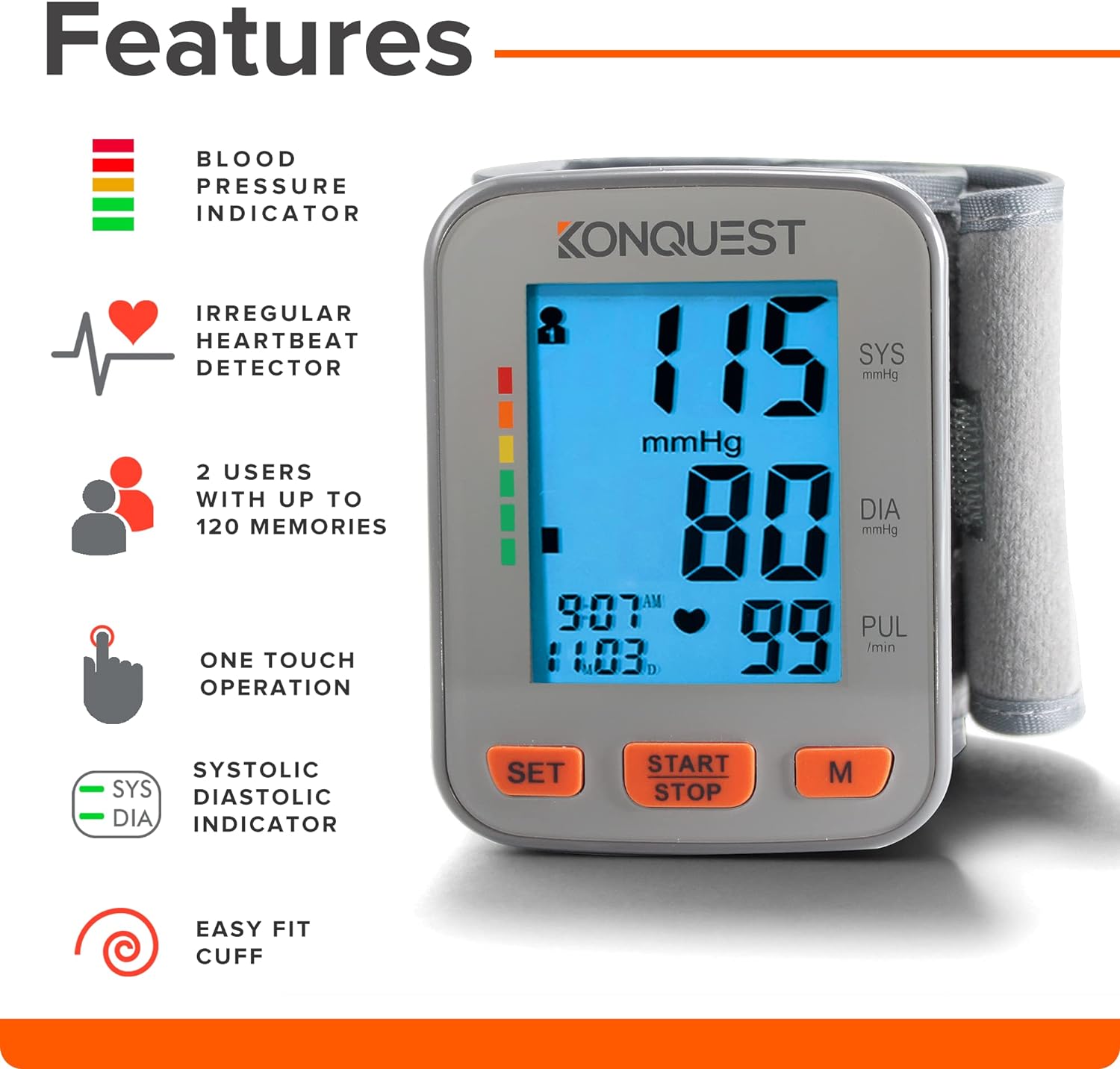 Konquest KBP-2910W Automatic Wrist Blood Pressure Monitor - Accurate - Adjustable Cuff, Large Screen Display - Portable Case - Irregular Heartbeat Detector - Tensiometro