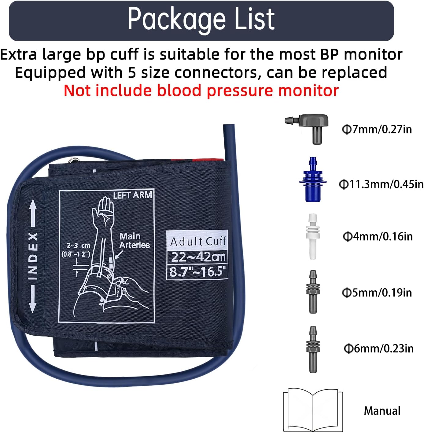 Large Blood Pressure Cuff, 8.7”-16.5” (22-42CM) BP Cuff Compatible with Omron BP Monitor, Replacement XL Cuff for Adult Big Arm, 5 Connectors