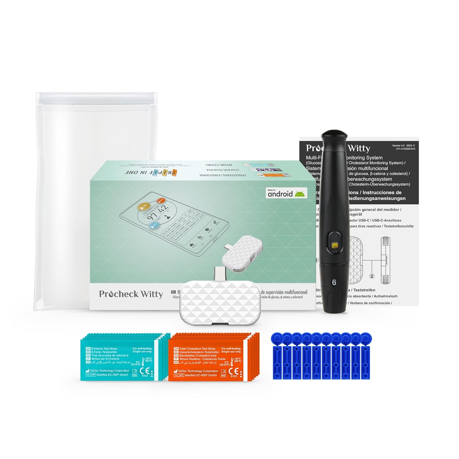 MbH Procheck Smartphone Dongle. Glucose, Cholesterol Testing Kit + Free App. 5pcs Glucose Test Strips, and 5pcs Cholesterol Test Strips, 10pcs Lancets, 1pc Lancing Device Included (for Type-C)