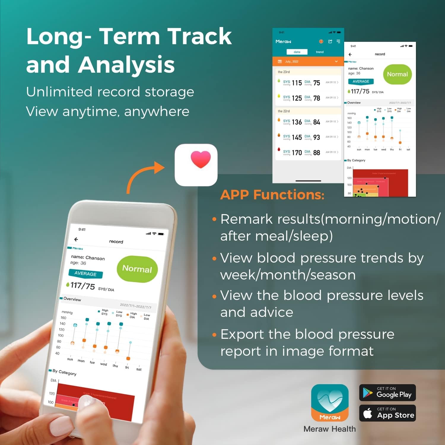 Meraw Blood Pressure Cuff Automatic Arm, Blood Pressure Monitor Home Use, Blood Pressure Machine Large Arm 8.6-16.5 Dual Users Bluetooth APP High Accuracy Irregular Heartbeat Monitoring Storage Bag