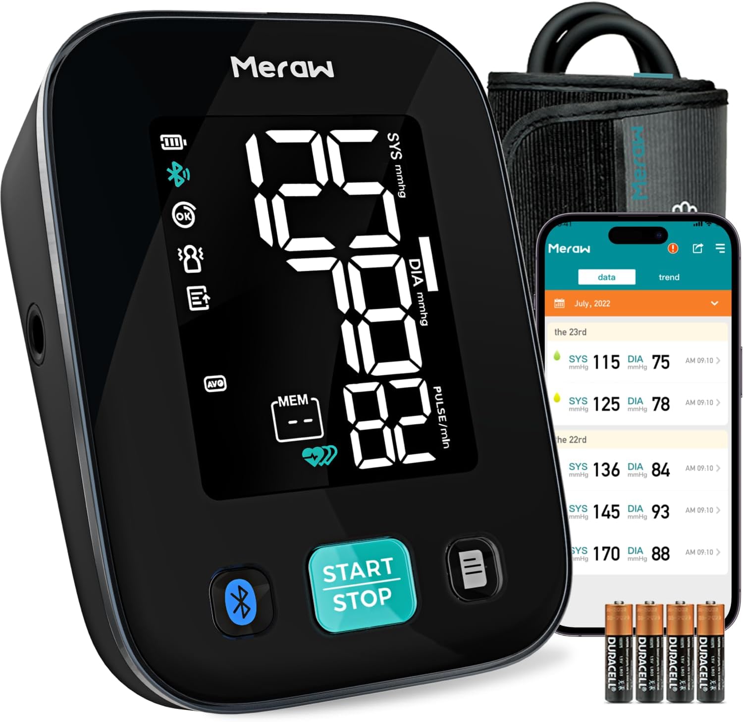 Meraw Blood Pressure Monitors for Home Use with APP Health Tracking, Blood Pressure Cuff Arm 8.6-16.5 with Automatic Pressurization, Irregular Heartbeat Monitoring, 8 AAA Batteries (Black)