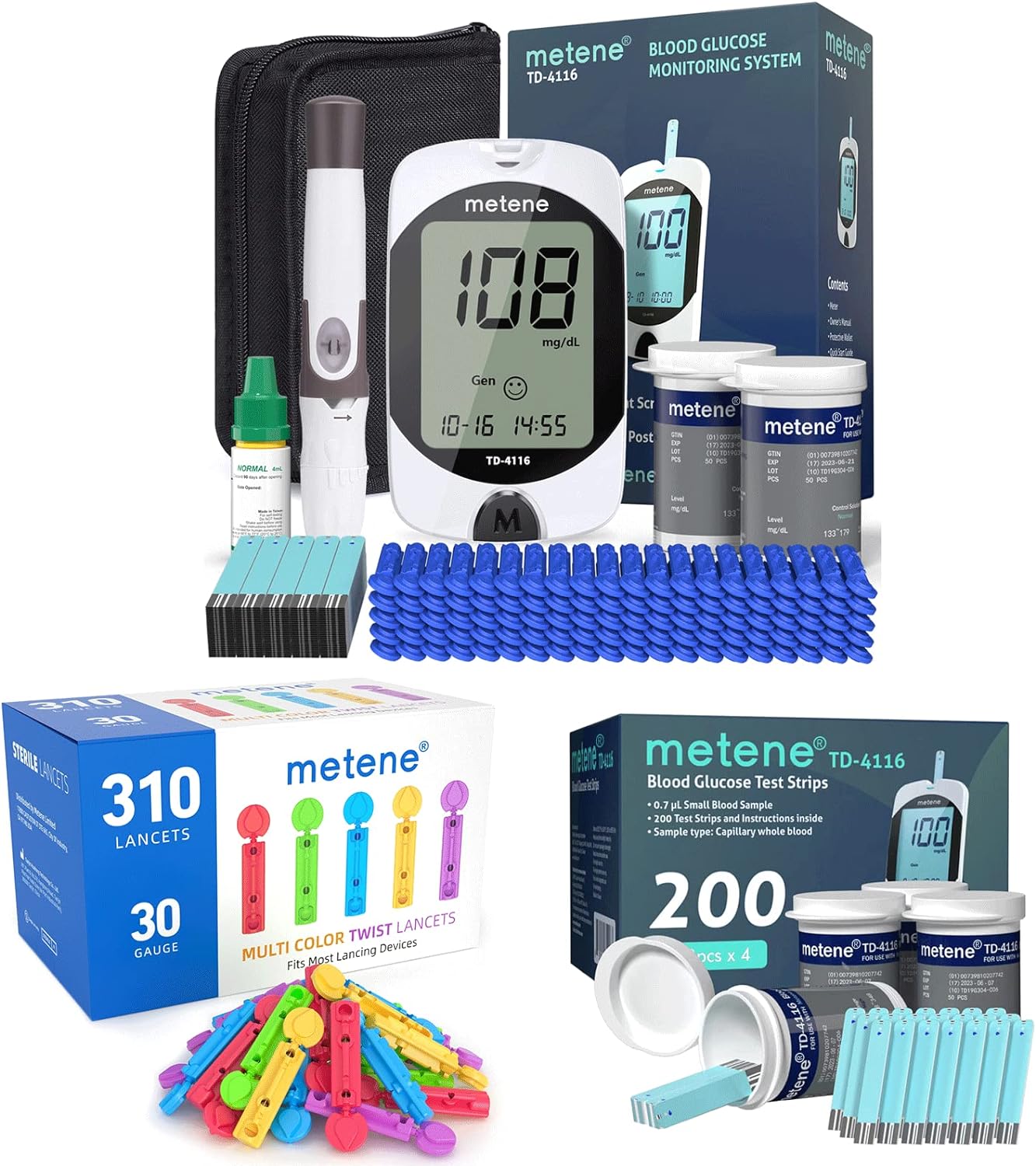 Metene TD-4116 Blood Glucose Monitor Kit, 300 Glucometer Strips, 410 Lancets, 1 Blood Sugar Monitor, 1 Lancing Device, Diabetes Testing Kit, Coding-free Meter, Large Display
