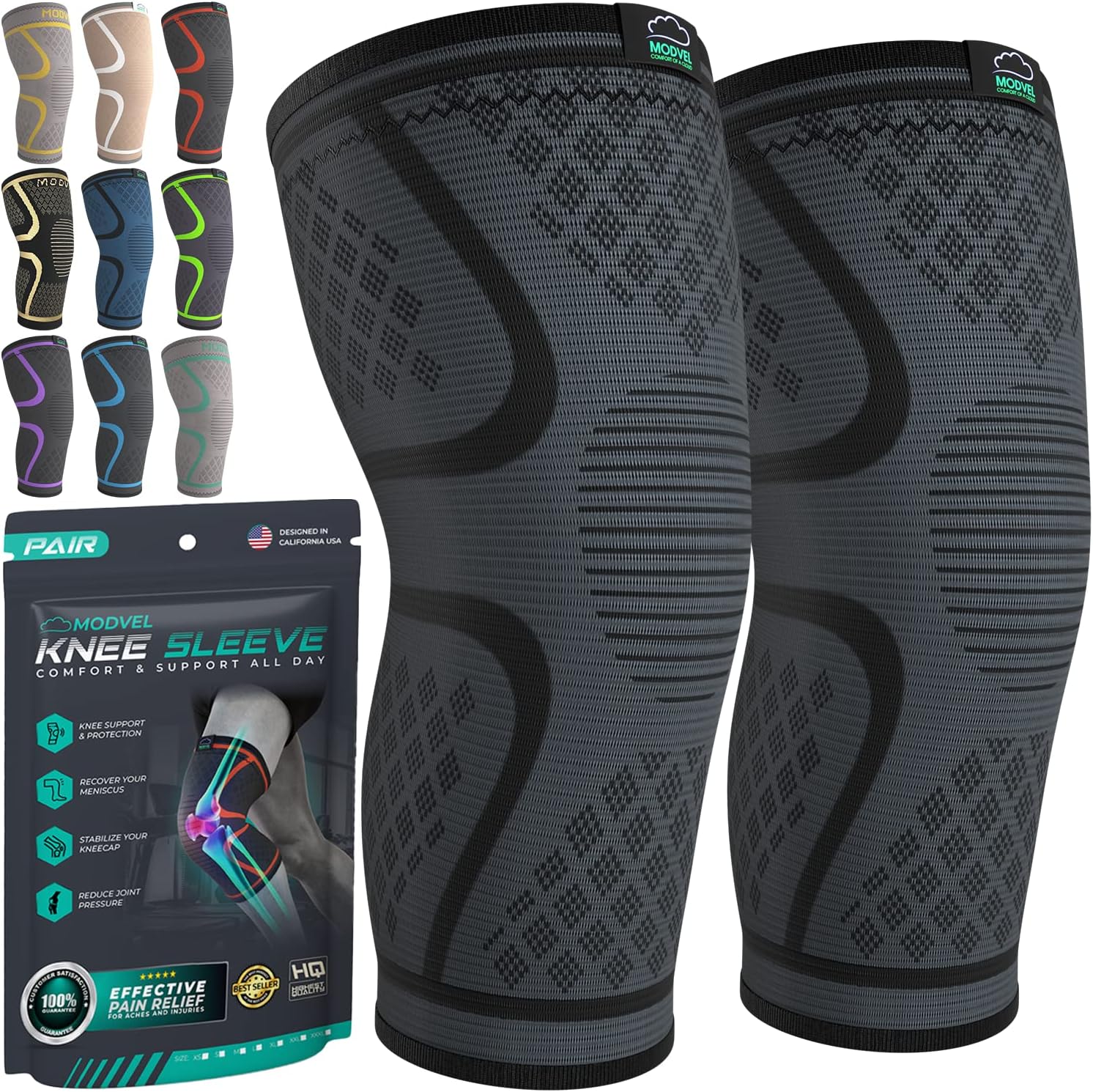 Modvel Compression Knee Brace for Women  Men - 2 Pack Knee Brace for Women Running Knee Pain, Knee Support Compression Sleeve, Workout Sports Knee Braces for Meniscus Tear ACL  Arthritis Pain Relief