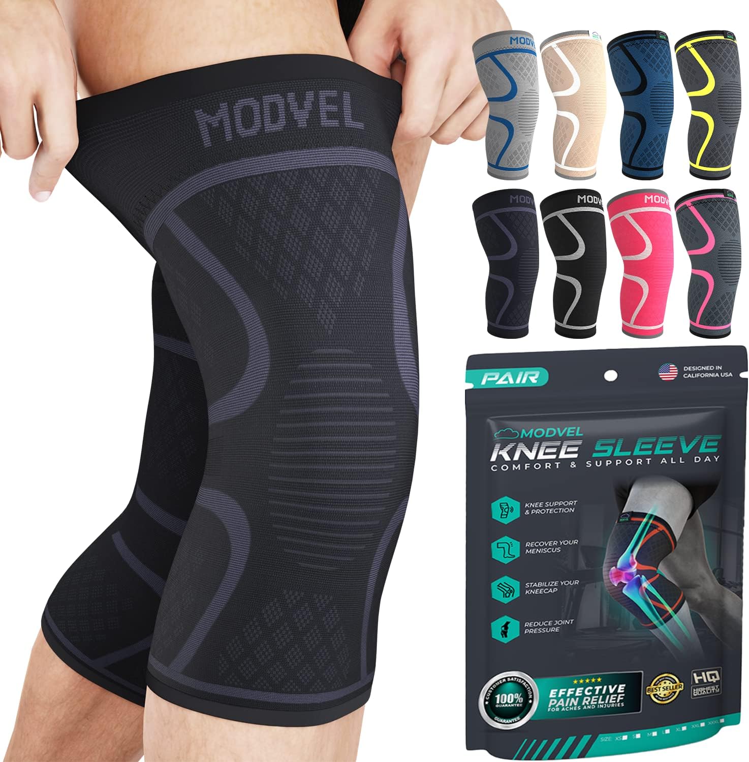 Modvel ELITE Knee Brace for Women Men - 2 Pack Knee Braces for Running Knee Pain - Compression Sleeve Knee Support, Workout Sports Knee Brace for Meniscus Tear ACL Arthritis Pain Relief