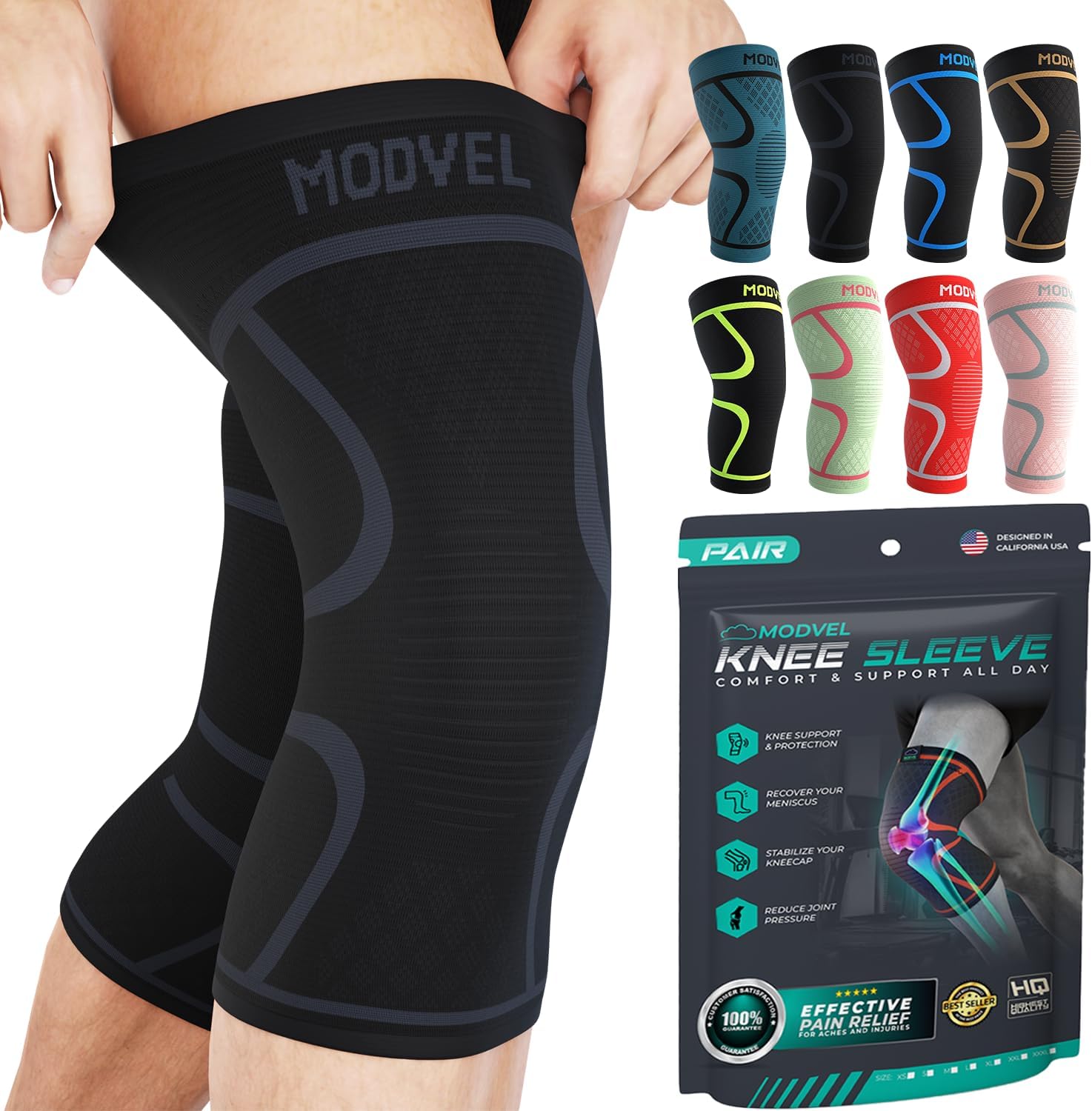 Modvel Knee Braces for Knee Pain Women Men - 2 Pack Knee Brace for Knee Pain Set, Knee Brace Compression Sleeve, Knee Support for Knee Pain Meniscus Tear, ACL Arthritis Pain Relief,Black M