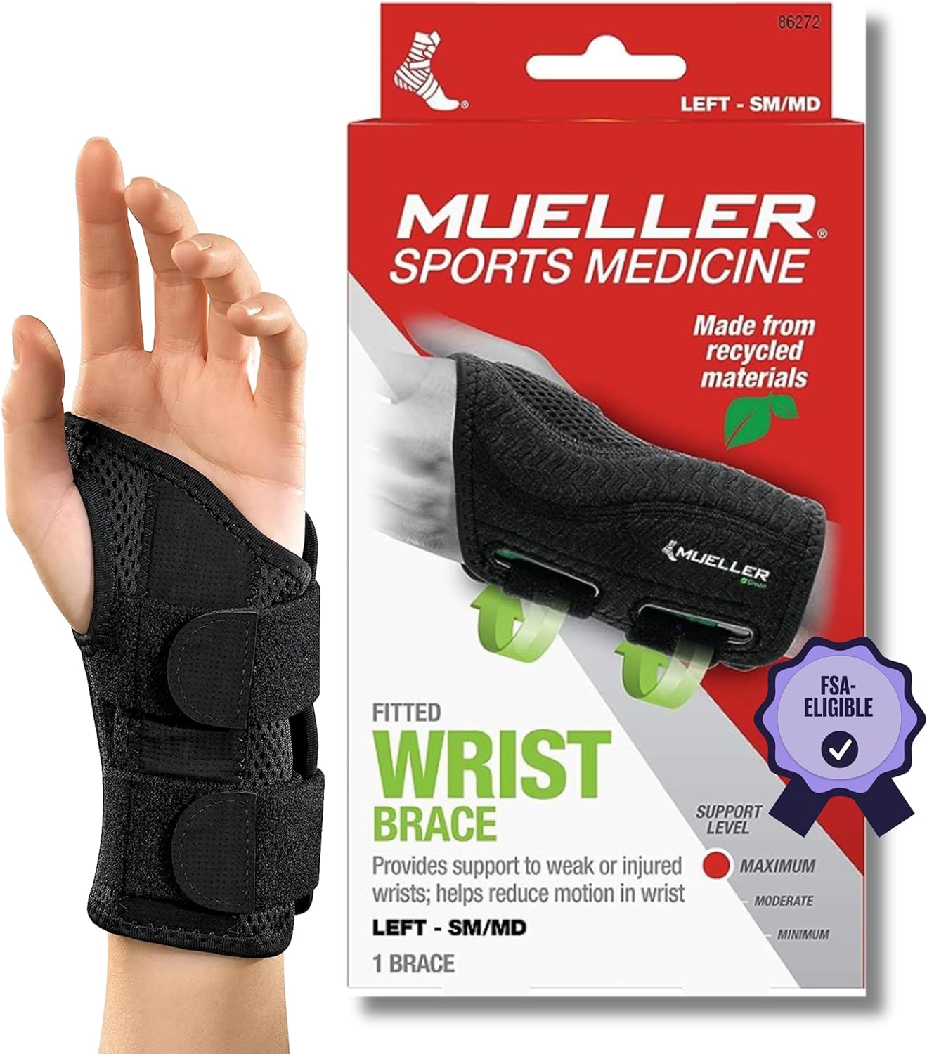 Mueller Sports Medicine Green Fitted Wrist Brace for Men and Women, Support and Compression for Carpal Tunnel Syndrome, Tendinitis, and Arthritis, Black