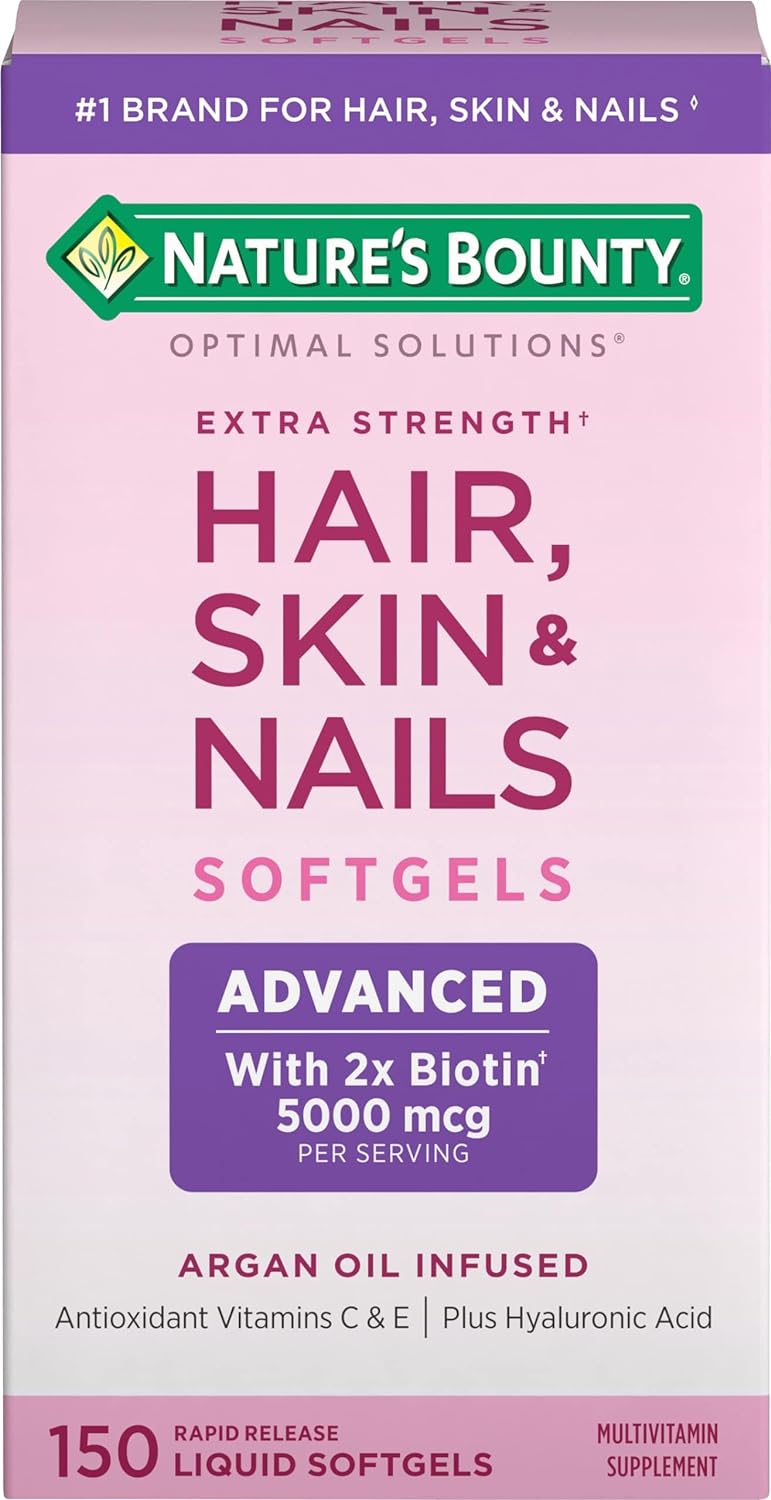 Natures Bounty Advanced Hair, Skin Nails, Argan-Infused Vitamin Supplement with Biotin and Hyaluronic Acid, 150 Rapid Release Softgels