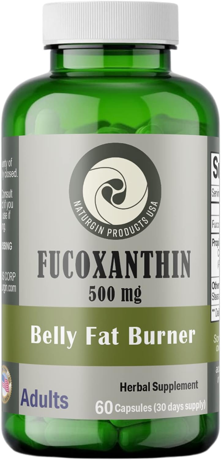 NATURGIN Fucoxanthin Extract 10% + Green Tea Leaf Extract - Caffeine Anhydrous  Quinoa Flour - Fat Loss - Antioxidant - Belly Fat Burner - 60 Veggie Capsules.