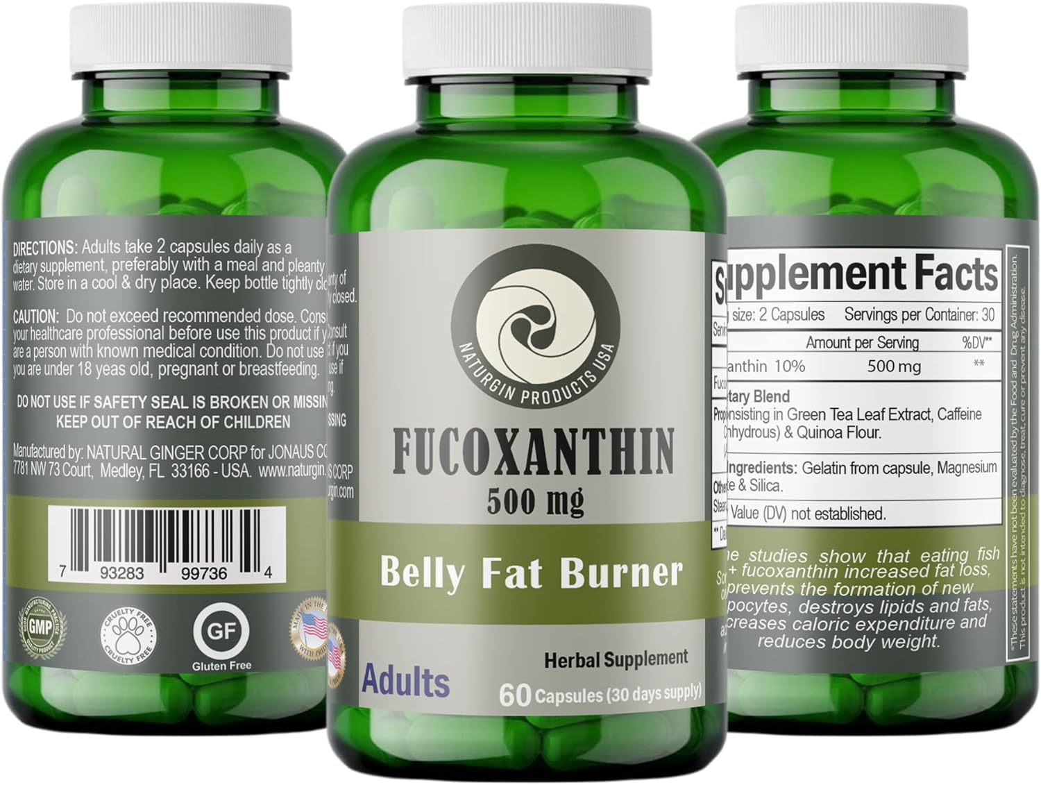 NATURGIN Fucoxanthin Extract 10% + Green Tea Leaf Extract - Caffeine Anhydrous  Quinoa Flour - Fat Loss - Antioxidant - Belly Fat Burner - 60 Veggie Capsules.