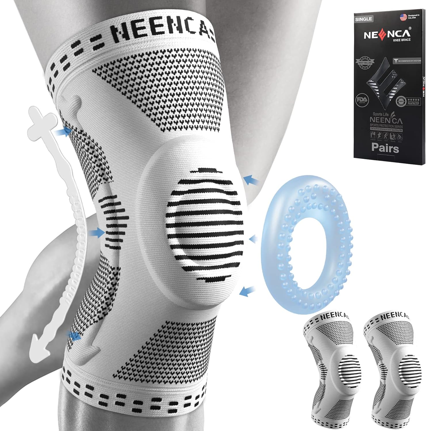 NEENCA 2 Pack Knee Braces for Knee Pain, Compression Knee Sleeves with Patella Gel Pad Side Stabilizers, Knee Support for Meniscus Tear, Arthritis, Joint Pain, ACL, Runner, Workout- FSA/HSA APPROVED