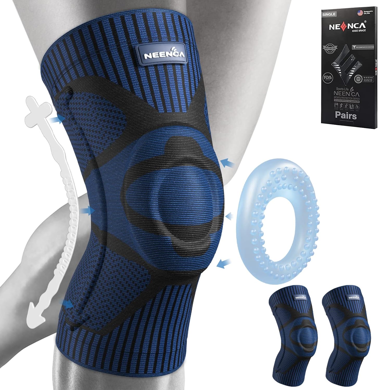 NEENCA 2 Pack Knee Braces for Knee Pain, Compression Knee Sleeves with Patella Gel Pad Side Stabilizers, Knee Support for Meniscus Tear, Arthritis, Joint Pain, ACL, Runner, Workout- FSA/HSA APPROVED