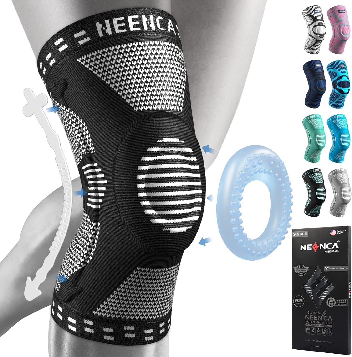 NEENCA Knee Braces for Knee Pain Relief, Compression Knee Sleeves with Patella Gel Pad Side Stabilizers, Knee Support for Weightlifting, Running, Workout, Arthritis, Meniscus Tear, Men Women. ACE-53