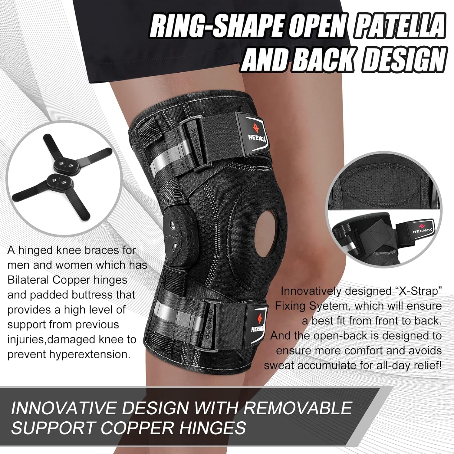 NEENCA Professional Knee Brace for Knee Pain, Hinged Knee Support with Patented X-Strap Fixing System, Strong Stability for Pain Relief, Arthritis, Meniscus Tear, ACL, Runner, Sport - FSA/HSA APPROVED