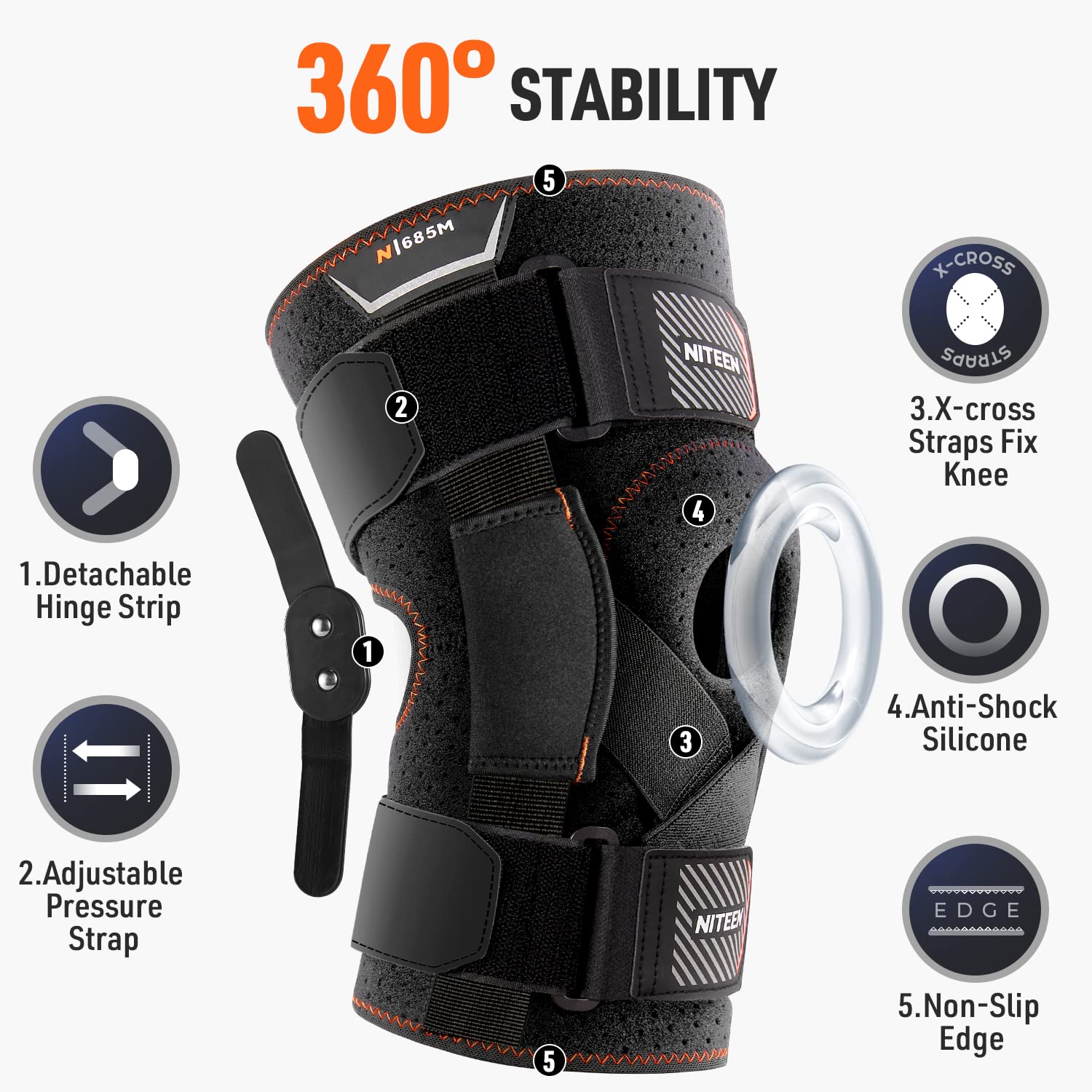 NITEEN Hinged Knee Brace for Knee Pain with Side Stabilizers Knee Braces for Women Men Adjustable Knee Pad for Meniscus Tear Plus Size Compression Patella Gel Pads Knee Support for ACL, MCL