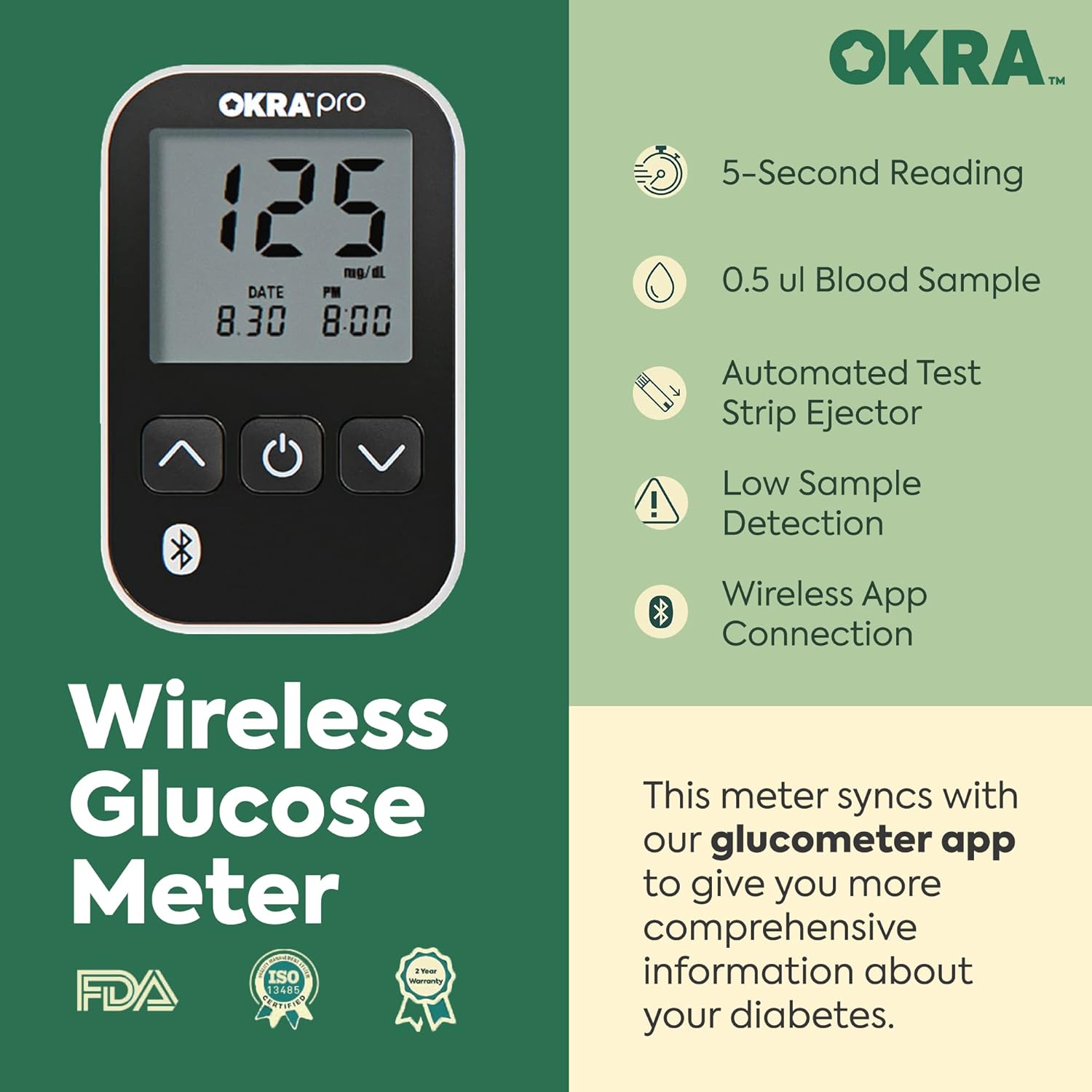 OKRA PRO Glucose Monitor Kit | Includes Refill Kit for 100 Tests