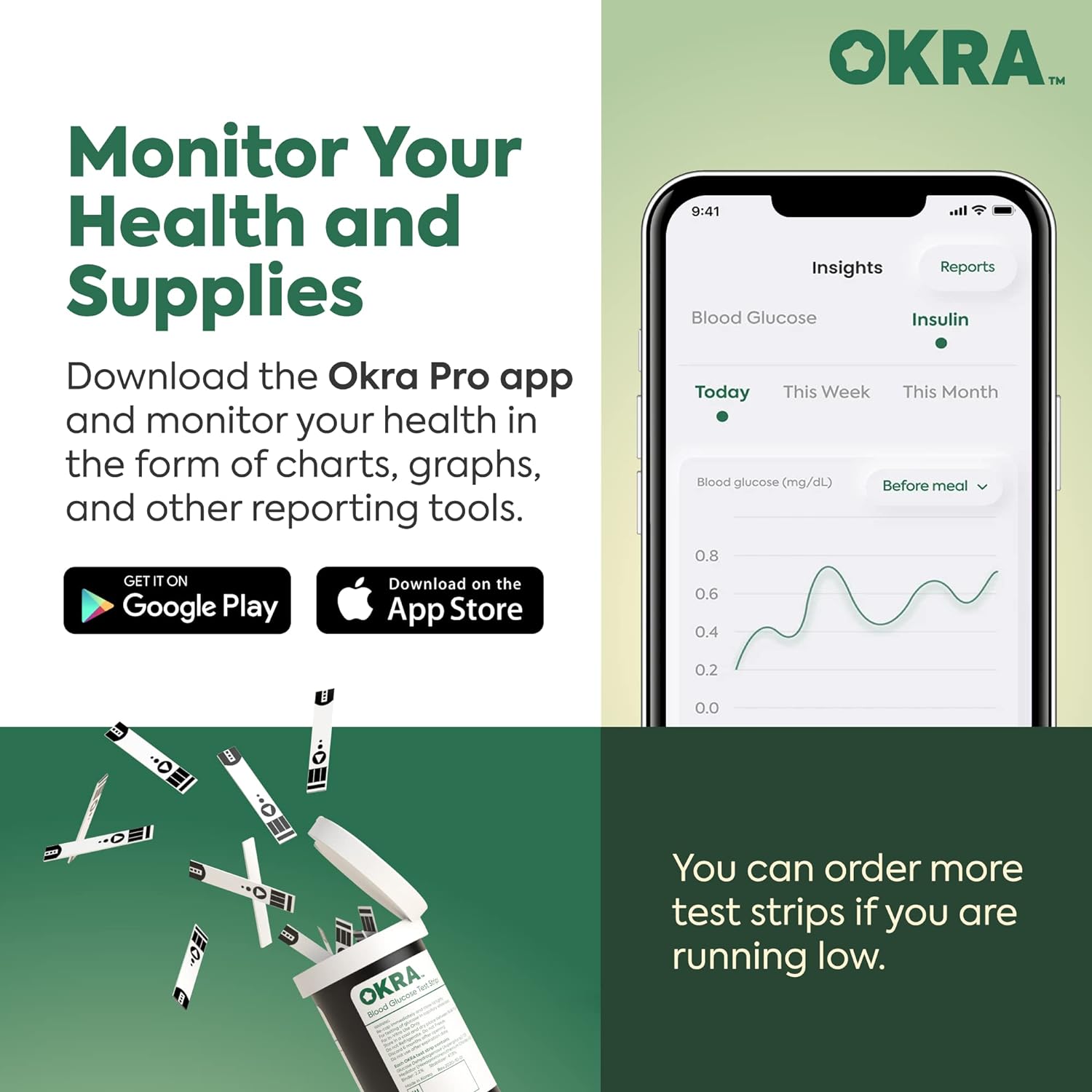 OKRA PRO Glucose Monitor Kit | Includes Refill Kit for 100 Tests