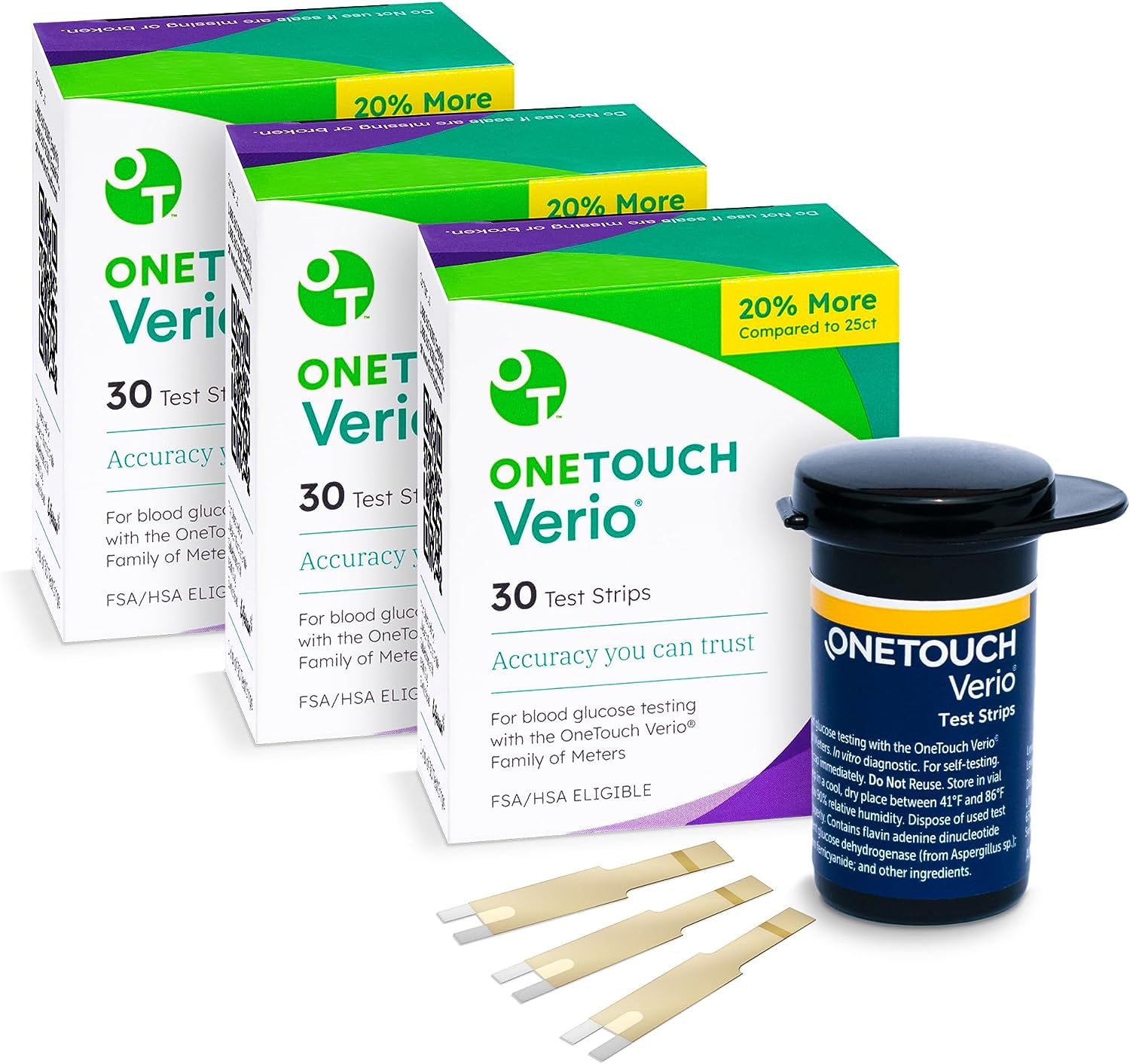 OneTouch Verio Test Strips for Diabetes Value Pack - 90 Count | Diabetic Test Strips For Blood Sugar Monitor | At Home Self Glucose Testing | 3 Packs, 30 Test Strips Per Pack