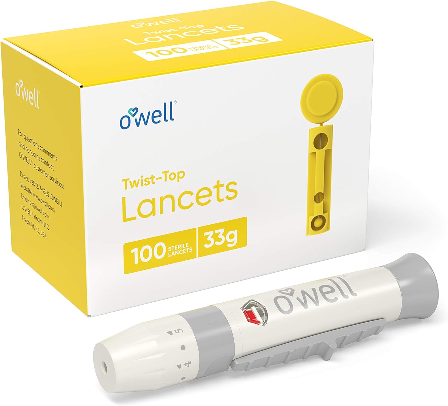 OWELL Lancing Device Kit + 100 Sterile OWELL Twist Top Lancets, 33 Gauge (for Thinner Skin)