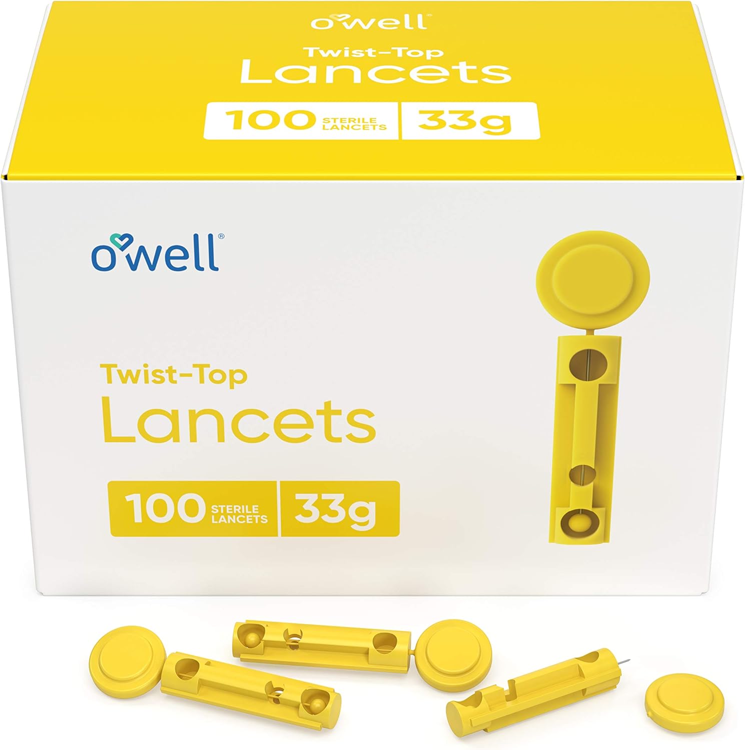 OWELL Lancing Device Kit + 100 Sterile OWELL Twist Top Lancets, 33 Gauge (for Thinner Skin)