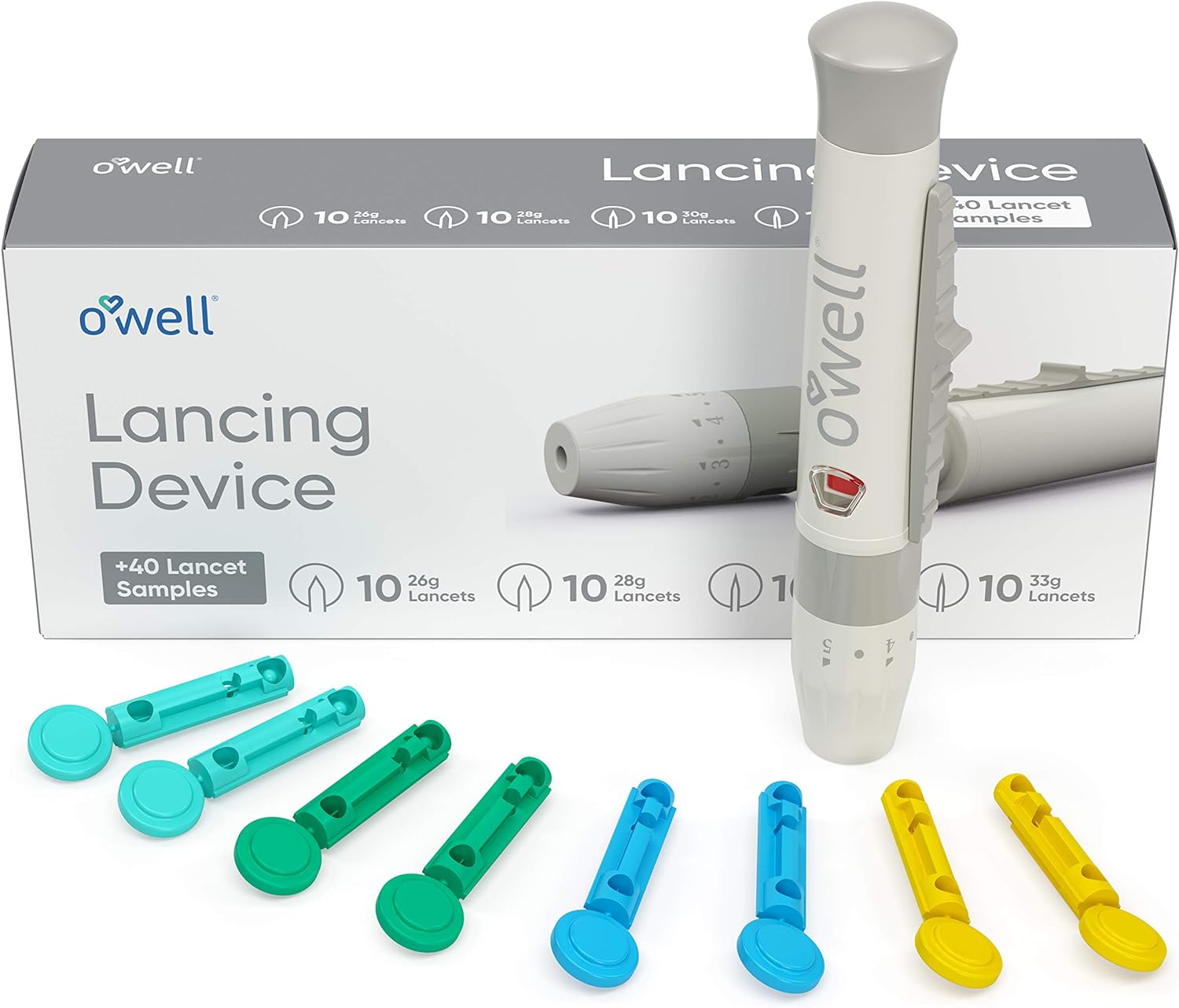 OWELL Lancing Device Kit + 100 Sterile OWELL Twist Top Lancets, 33 Gauge (for Thinner Skin)