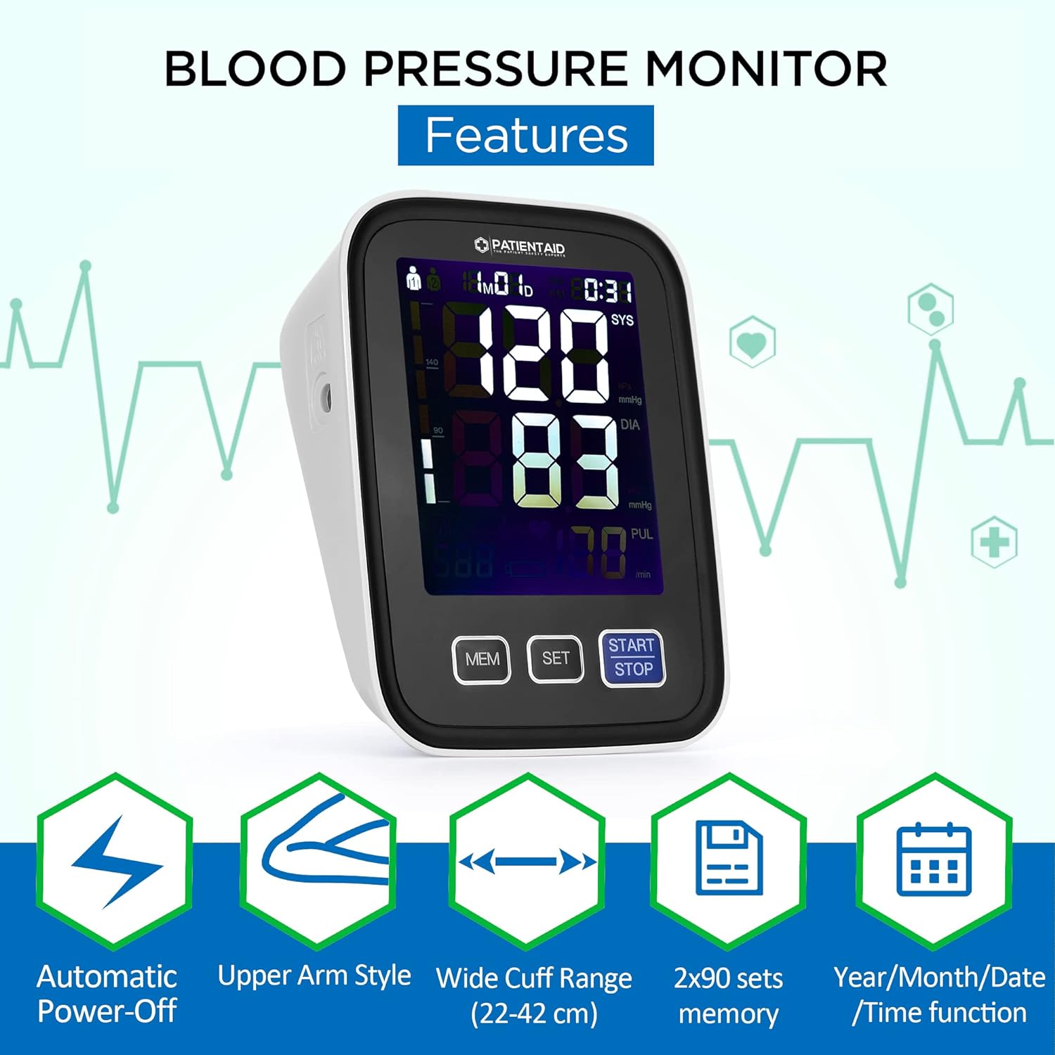 Patient Aid Upper Arm Electronic Blood Pressure Monitor with Automatic Blood Pressure Cuff, Accurately Measures Pulse Rate, Diastolic and Systolic Blood Pressure, Records Readings for up to 2 Persons