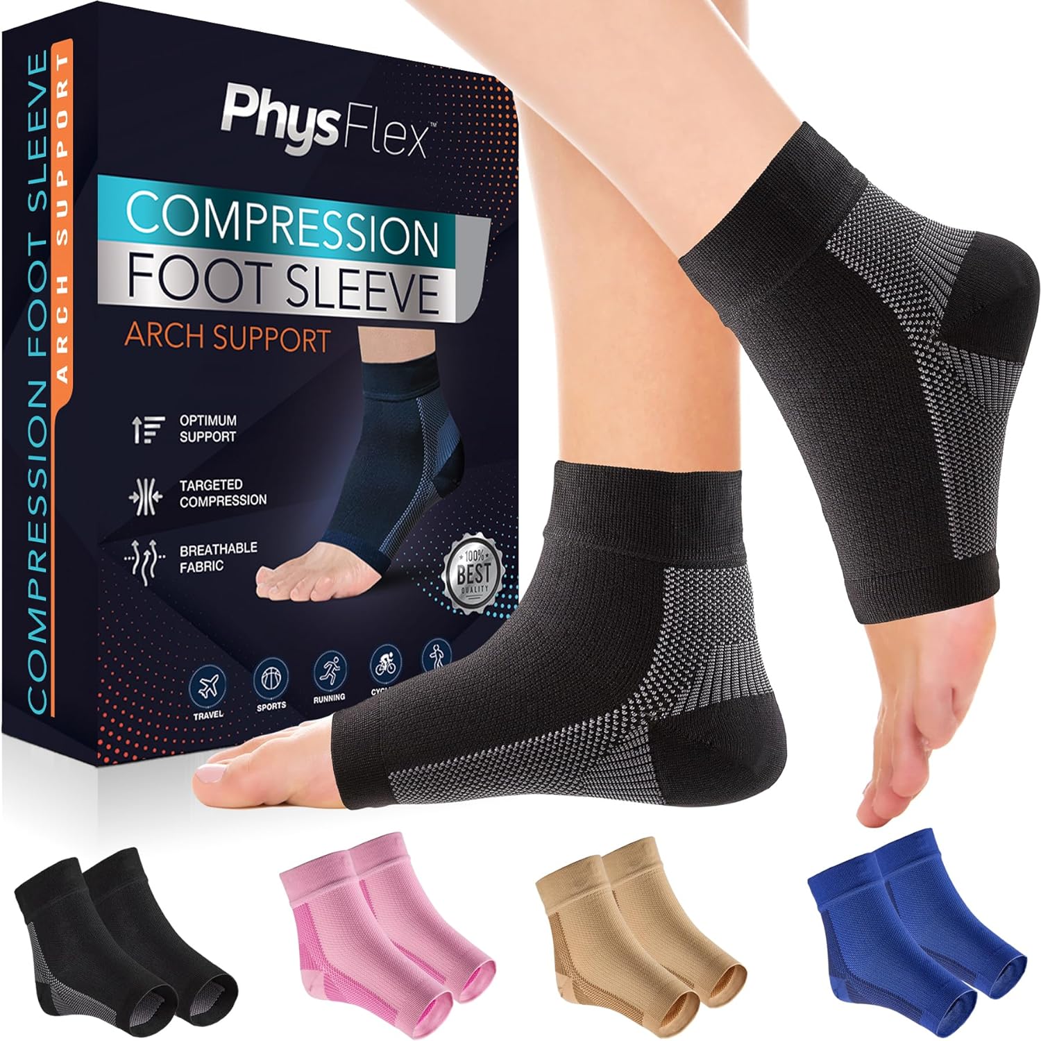 PhysFlex Compression Socks for Plantar Fasciitis, Achilles Tendonitis Relief - (1 Pair) Ankle Compression Sleeve for Heel Spurs, Foot Swelling  Fatigue - Arch Support Brace for Everyday Use