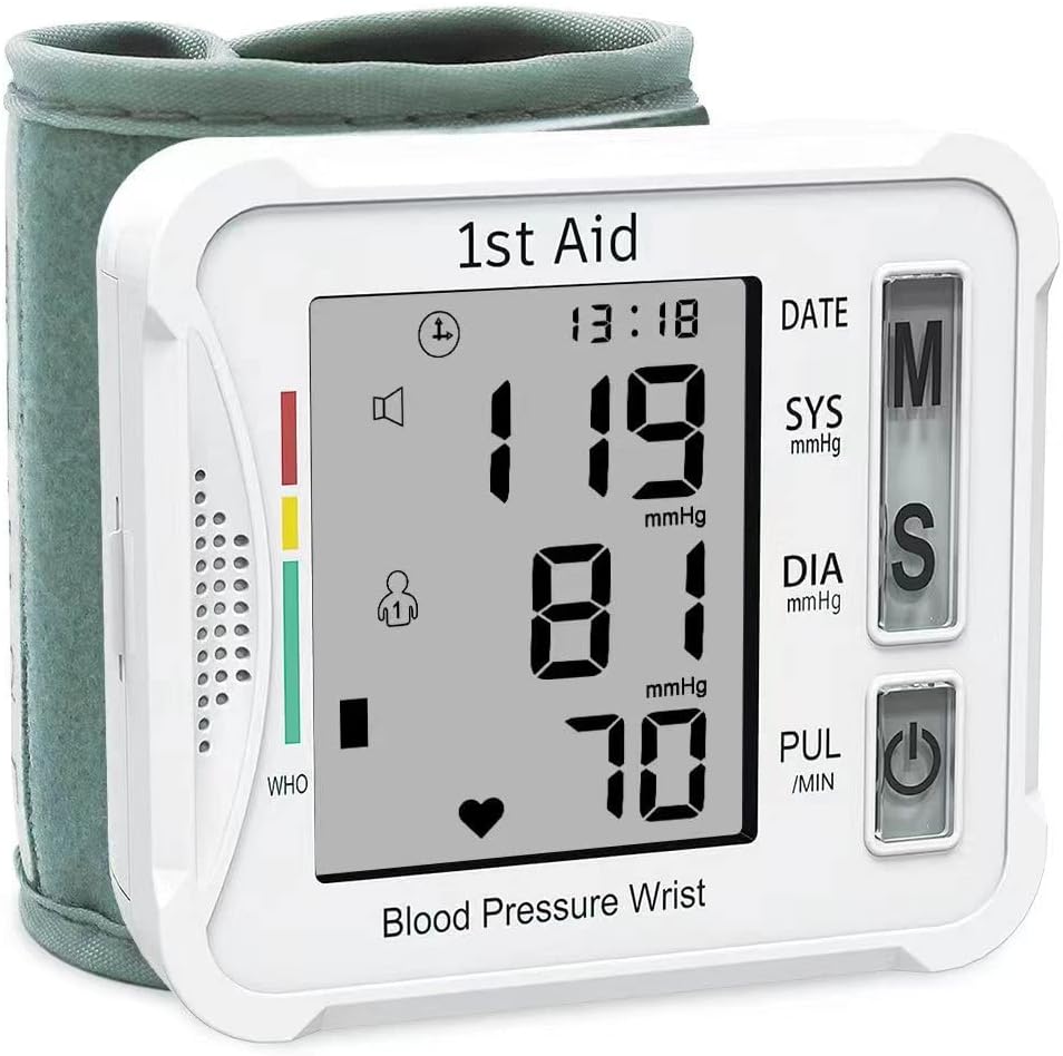 Portable Blood Pressure Monitors for Home Use Adjustable Blood Pressure Wrist Cuff Automatic Bp Machine Large Screen Display Reading Memory bp Pressure Monitor Wrist, White 1st Aid