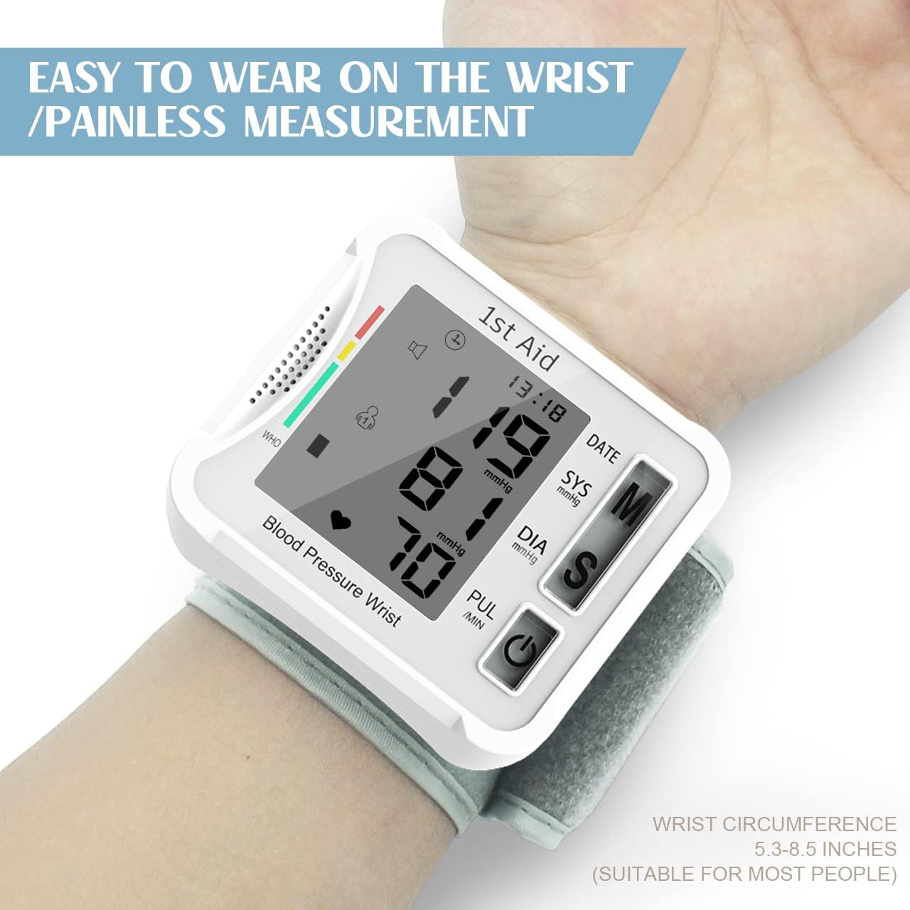 Portable Blood Pressure Monitors for Home Use Adjustable Blood Pressure Wrist Cuff Automatic Bp Machine Large Screen Display Reading Memory bp Pressure Monitor Wrist, White 1st Aid