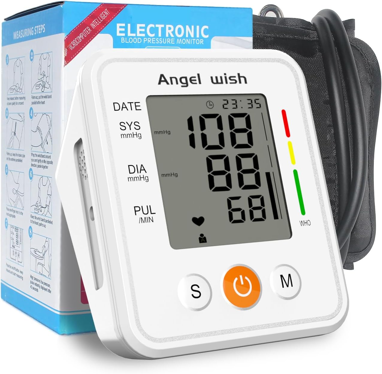 Portable-Small Blood-Pressure Monitors for Home-Use - White Travel BP Machine Blood Pressure Cuff Automatic Arm High Blood Pressure Monitors for Adult with Large Screen Voice Broadcast, angel wish