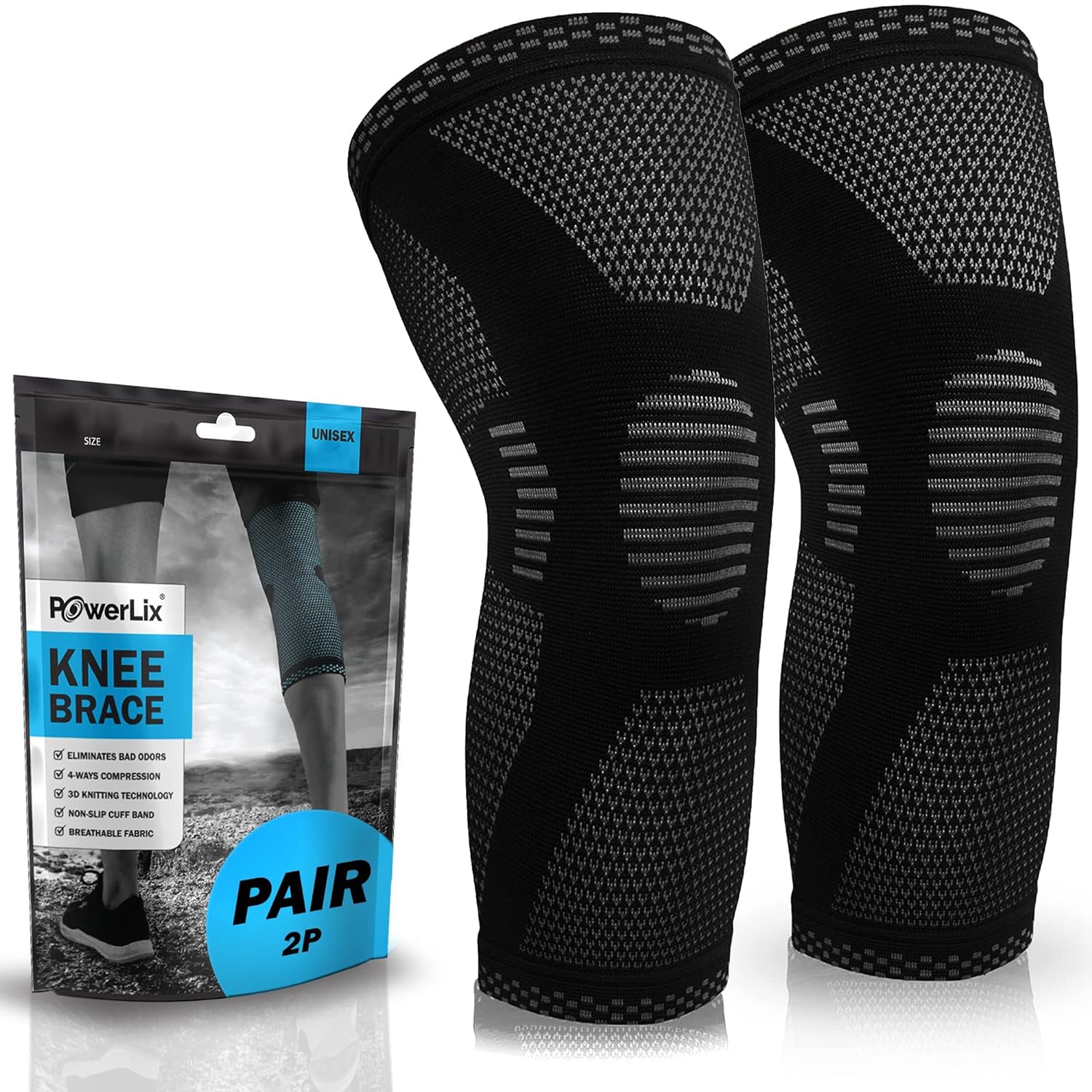 POWERLIX Knee Compression Sleeve (Pair) - Best Knee Brace for Knee Pain for Men  Women – Knee Support for Running, Basketball, Volleyball, Weightlifting, Gym, Workout, Sports