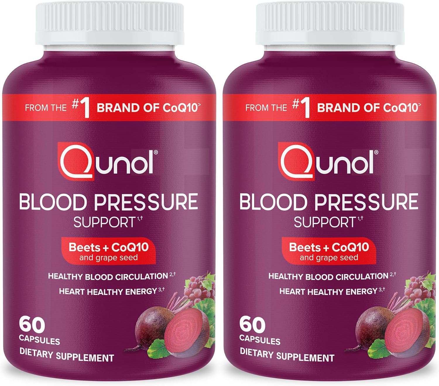 Qunol Beets Capsules for Blood Pressure Support, 3 in 1 Beets + CoQ10 + Grape Seed Extract, Supports Healthy Blood Circulation Heart Healthy Energy, 60 Count (Pack of 2)