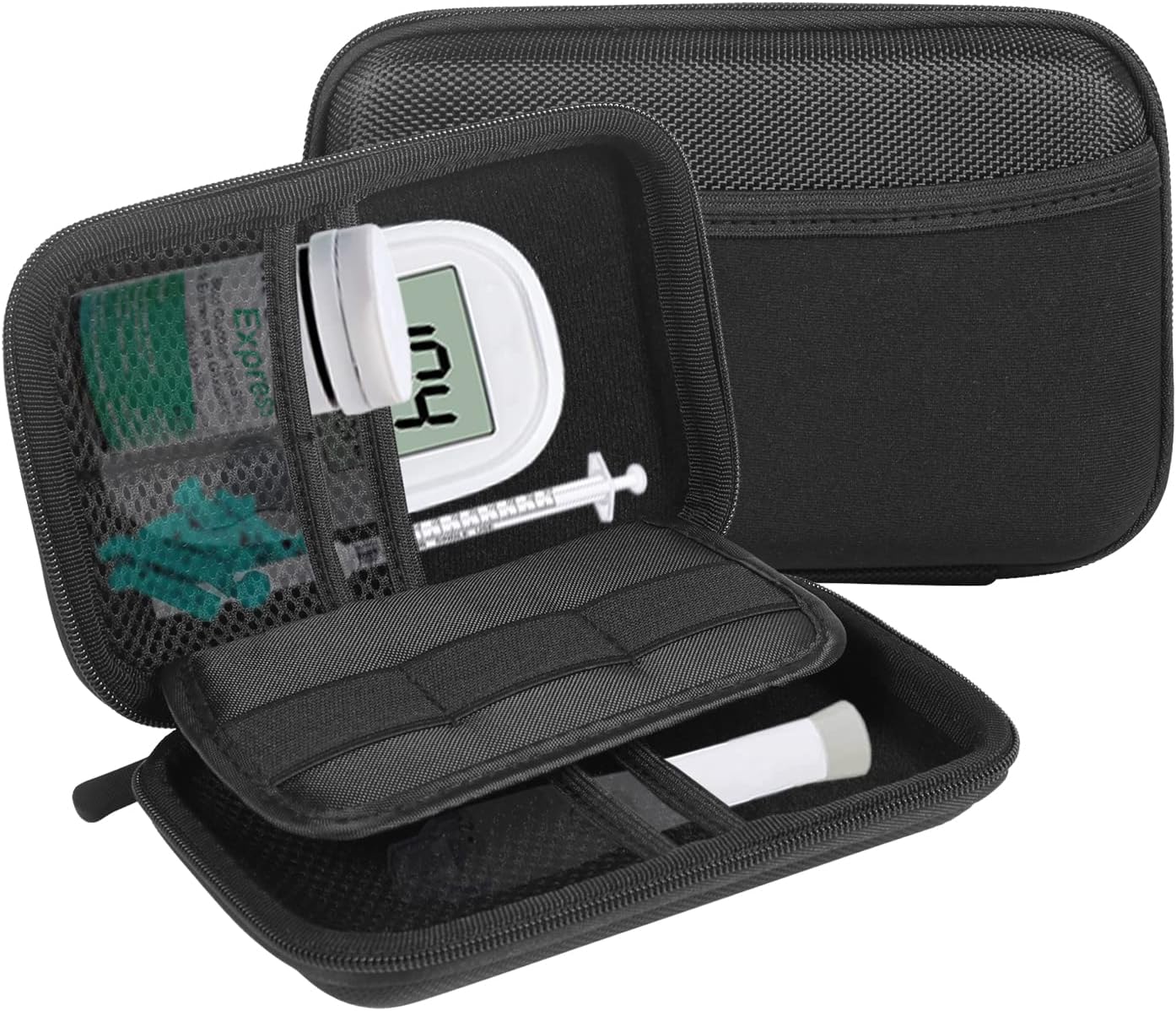 Small Diabetic Supply Travel Case Organizer Eva Hard Protective Bag for Glucose Monitoring System, Blood Sugar Meter, Test Strips, Lancets, Syringes, Needles, Diabetes Supplies Testing Kit (Black)