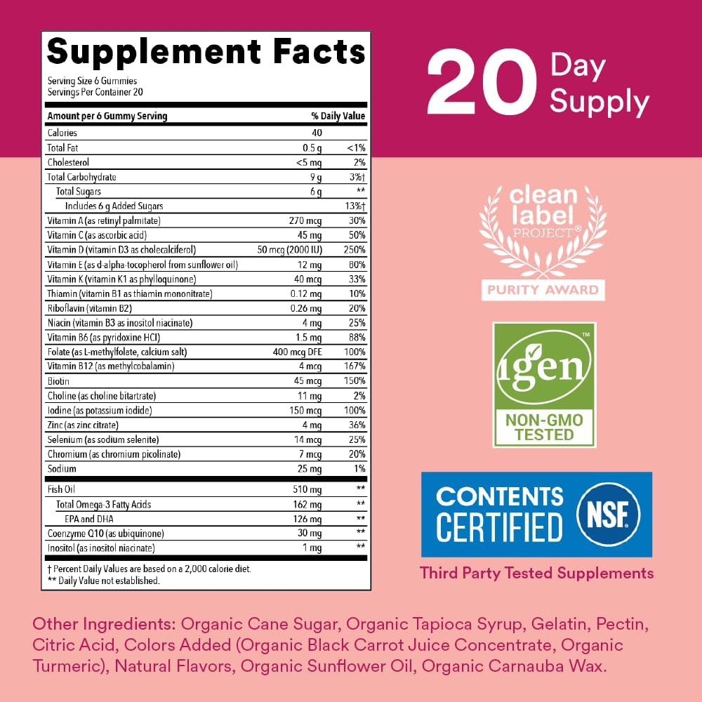 SmartyPants Womens Multivitamin Gummies: Omega 3 Fish Oil (EPA/DHA), Methylfolate, CoQ10, Vitamin D3, C, Vitamin B12, B6, Vitamin A, K Zinc, Gluten Free, 180 Count (30 Day Supply)