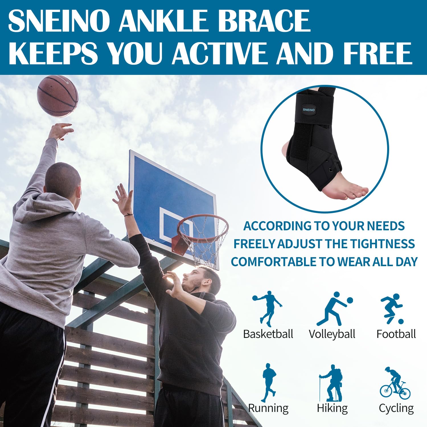 SNEINO Ankle Brace for Women  Men - Ankle Brace for Sprained Ankle, Ankle Support Brace for Achilles,Tendon,Sprain,Injury Recovery, Lace up Ankle Brace for Running, Basketball, Volleyball(Medium)