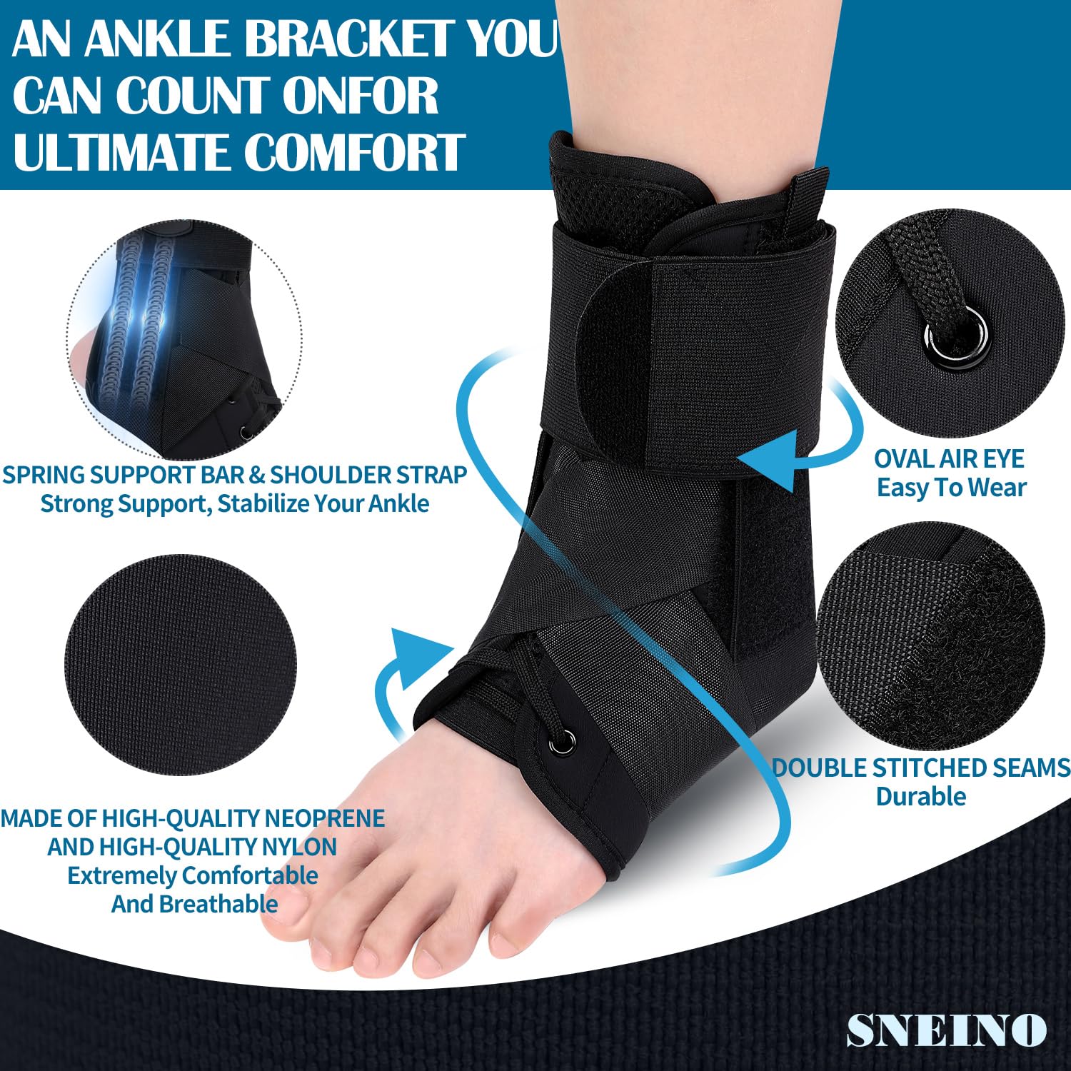 SNEINO Ankle Brace for Women  Men - Ankle Brace for Sprained Ankle, Ankle Support Brace for Achilles,Tendon,Sprain,Injury Recovery, Lace up Ankle Brace for Running, Basketball, Volleyball(Medium)