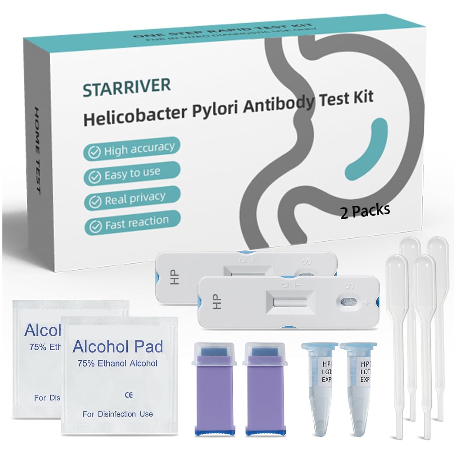 STARRIVER H Pylori Test Kit, Helicobacter Pylori Test Kits at Home - 2 Tests H. Pylori Test Kits, h-Pylori Self-Test for Home Use, Easy to Use, Result in 15mins