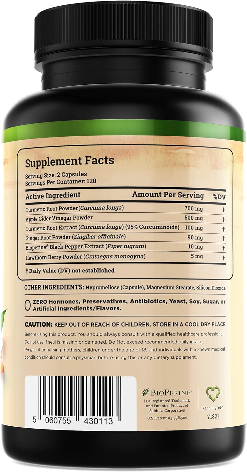 Turmeric and Ginger Supplement - Tumeric Curcumin Joint Support Pills - with Apple Cider Vinegar BioPerine Black Pepper - 95% Curcuminoids - 60 Capsules