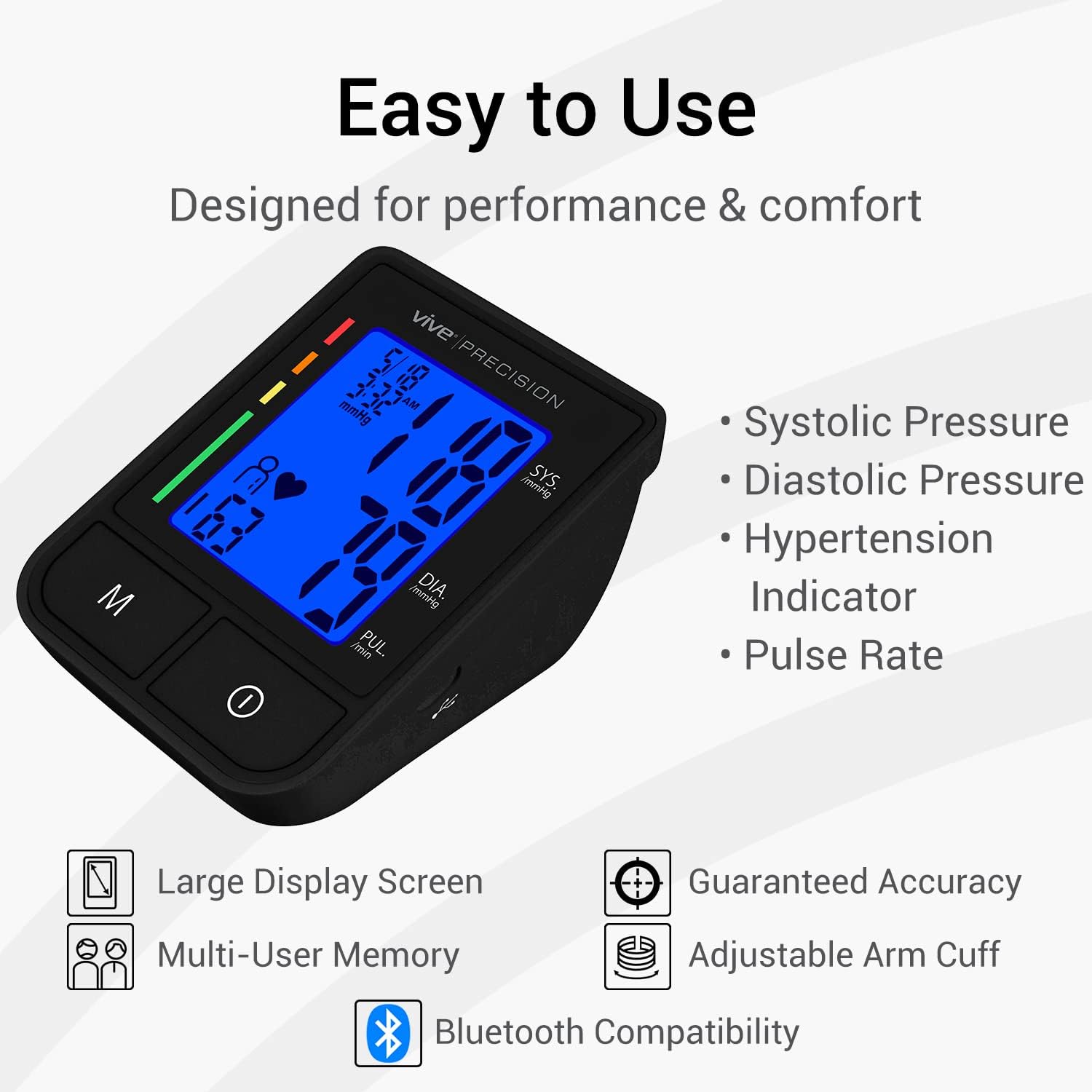 Vive Blood Pressure Machine Monitor Cuff - Upper Arm BP Automatic Digital Bluetooth Read Out for Blood-Pressure Support System, Sphygmomanometer Heartbeat Detector, at Home High Low Read-Out