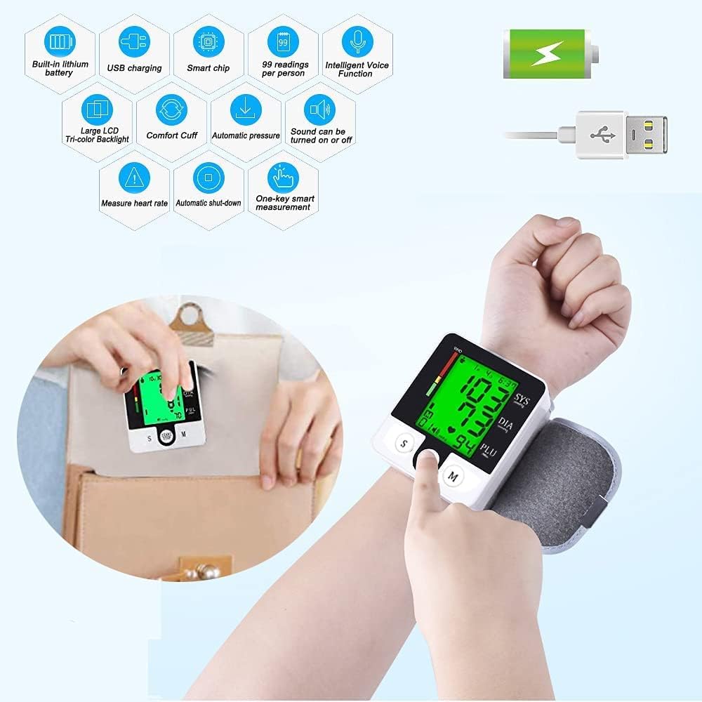 Wrist Blood Pressure Monitor, Automatic Digital Home BP Monitor Cuff - Accurate, Intelligent Voice, LCD Tri-Color Backlight, USB Charging, Adjustable Cuff, Irregular Heartbeat  Hypertension Detector