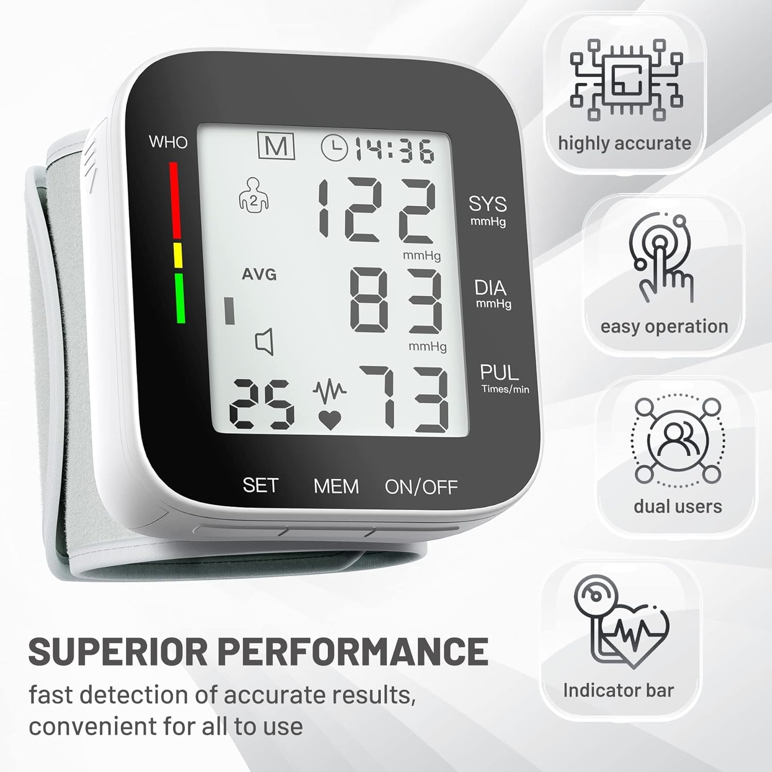 Wrist Blood Pressure Monitor Automatic Large LCD Display Adjustable Wrist Cuff Automatic Dual 99 Reading Memory Automatic Digital BP Machine for Home Use