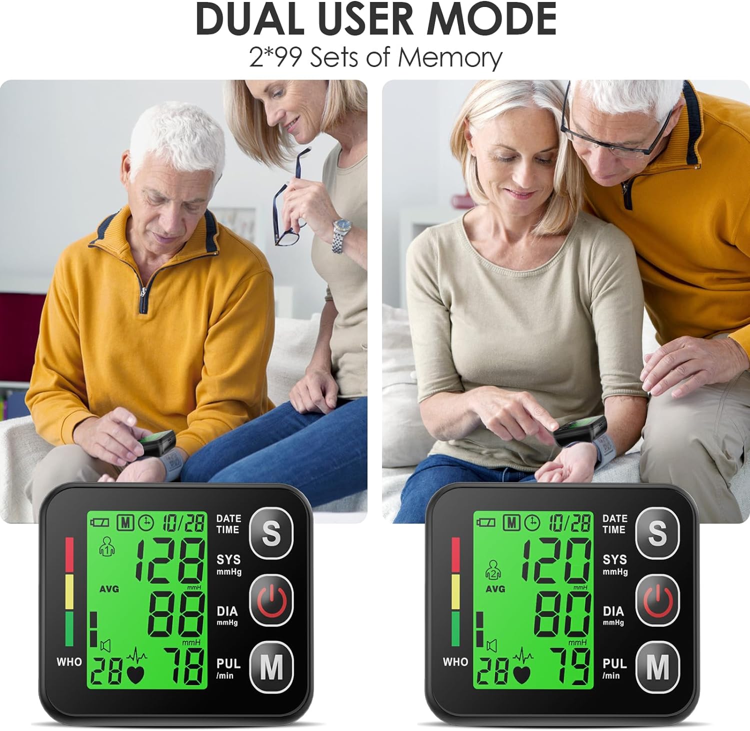 Wrist Blood Pressure Monitor -Bp Monitor, Automatic Blood Pressure Cuff Wrist 13.5-19.5 cm, High Accuracy, Backlit LCD Screen - 2 * 99 Sets of Memory for Home/Travel/Office Use