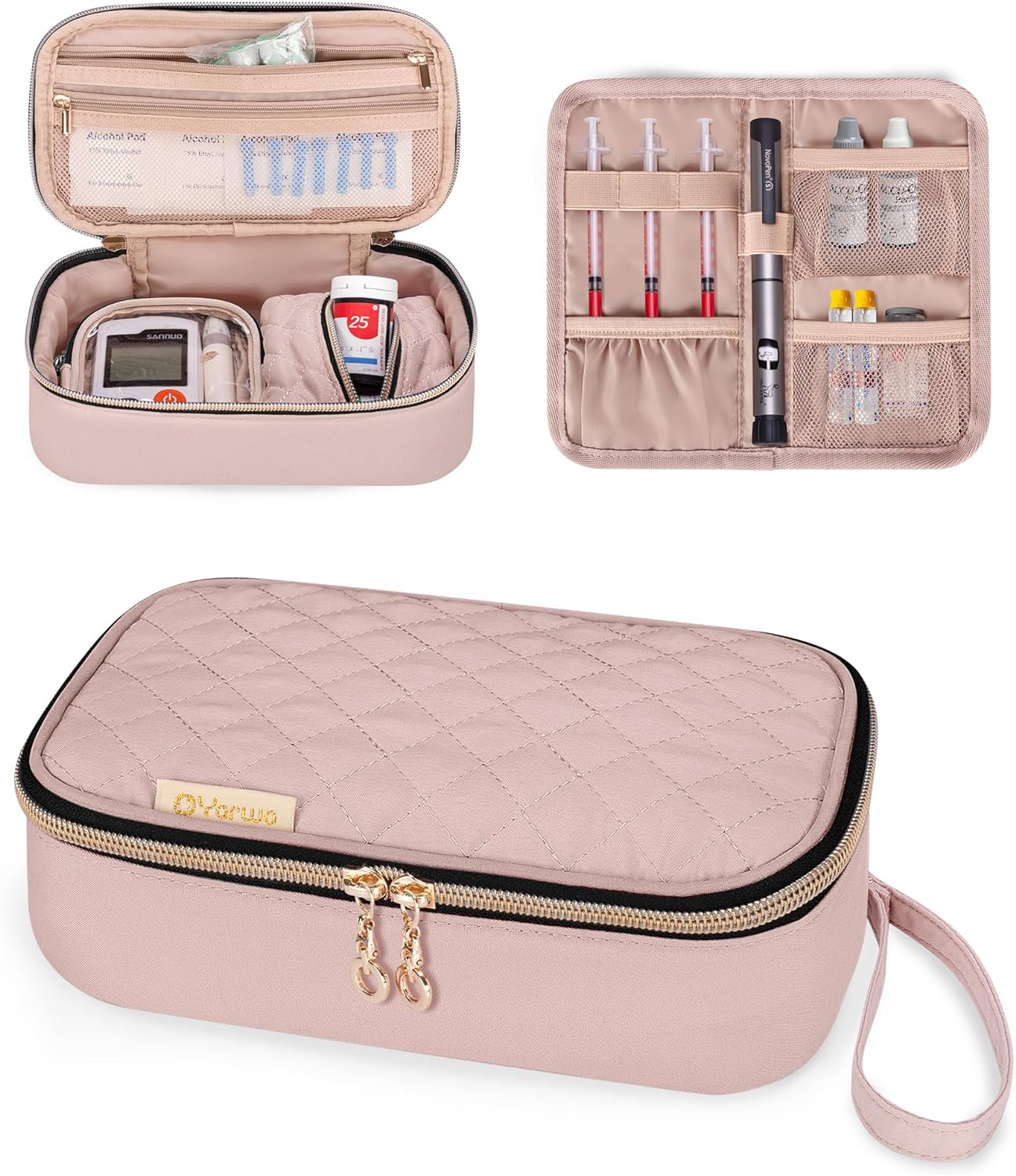 Yarwo Diabetic Travel Case for Blood Glucose Monitor, Test Strips, Medicine, Insulin Syringes, Portable Diabetes Supplies Storage Bag with Folding Pouch for Diabetic Care Kits, Dusty Rose(Bag Only)