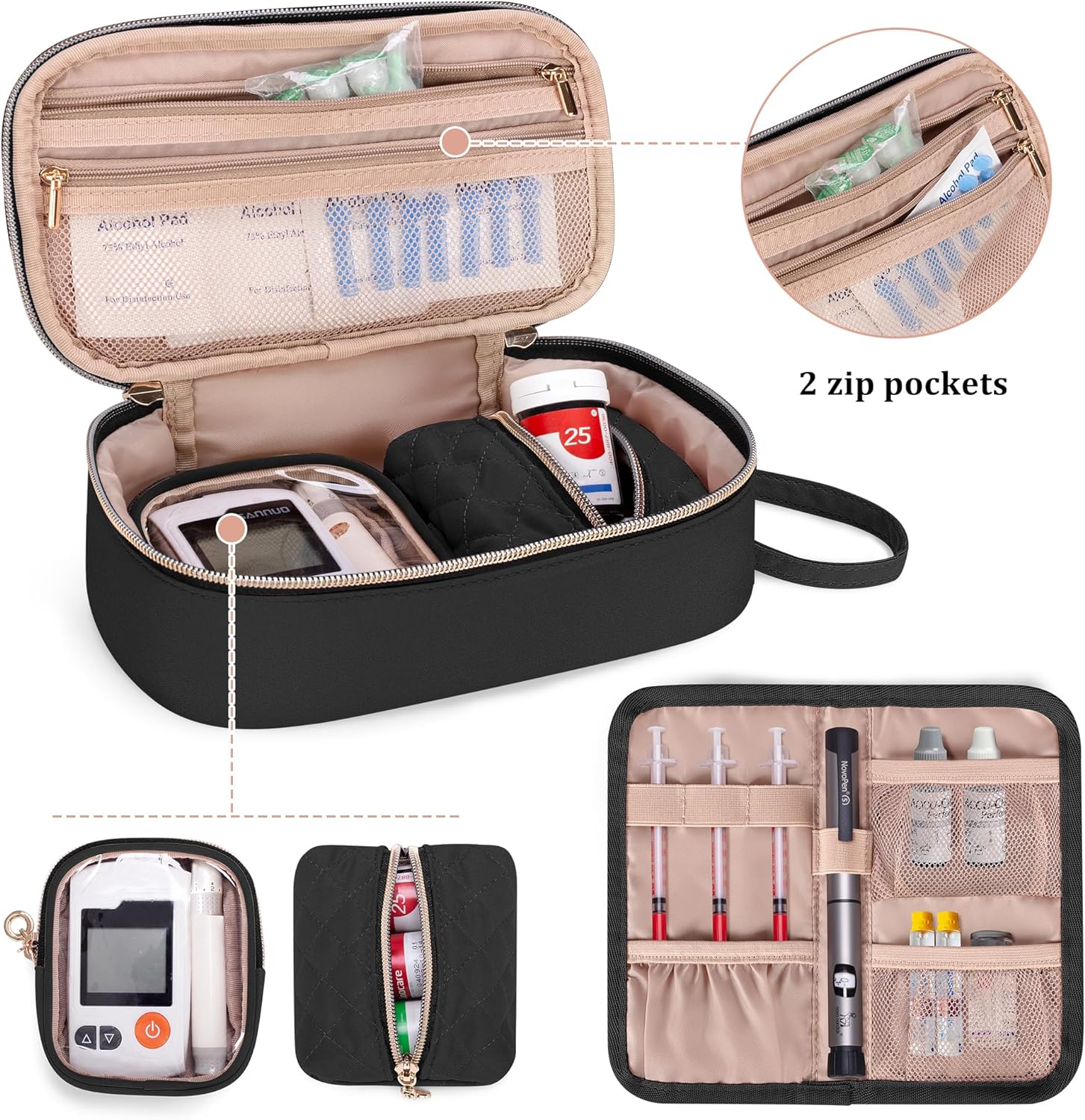 Yarwo Diabetic Travel Case for Blood Glucose Monitor, Test Strips, Medicine, Insulin Syringes, Portable Diabetes Supplies Storage Bag with Folding Pouch for Diabetic Care Kits, Dusty Rose(Bag Only)