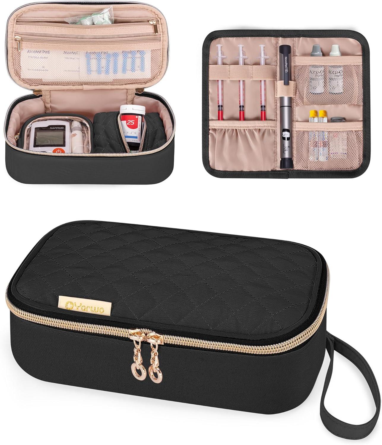 Yarwo Diabetic Travel Case for Blood Glucose Monitor, Test Strips, Medicine, Insulin Syringes, Portable Diabetes Supplies Storage Bag with Folding Pouch for Diabetic Care Kits, Dusty Rose(Bag Only)