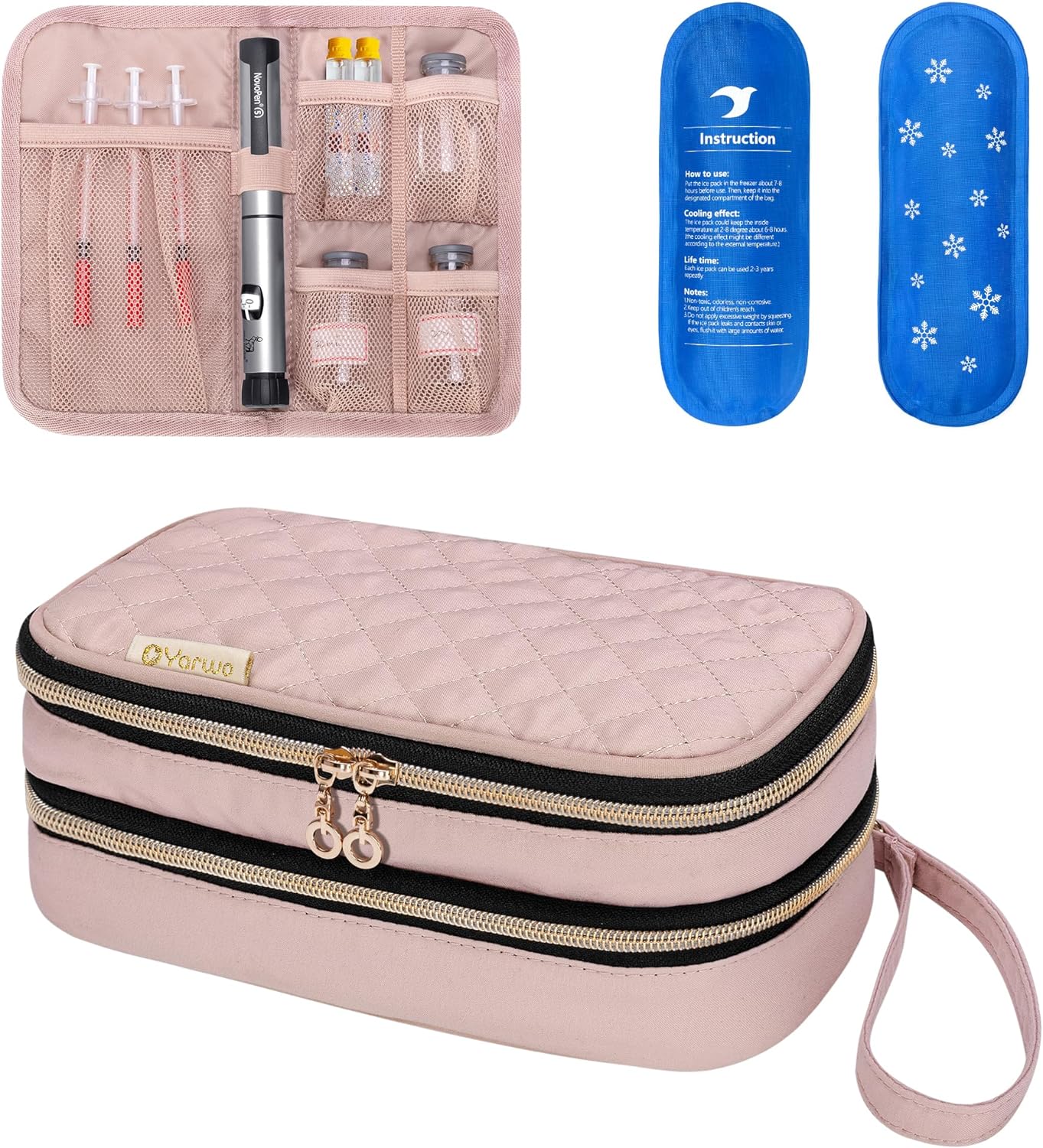 YARWO Insulin Cooler Travel Case with 2 Ice Packs, Double-Layer Diabetic Insulated Organizer, Portable Medication Bag for Insulin Pens, Glucometer and Diabetes Care Kits, Dusty Rose (Patented Design)