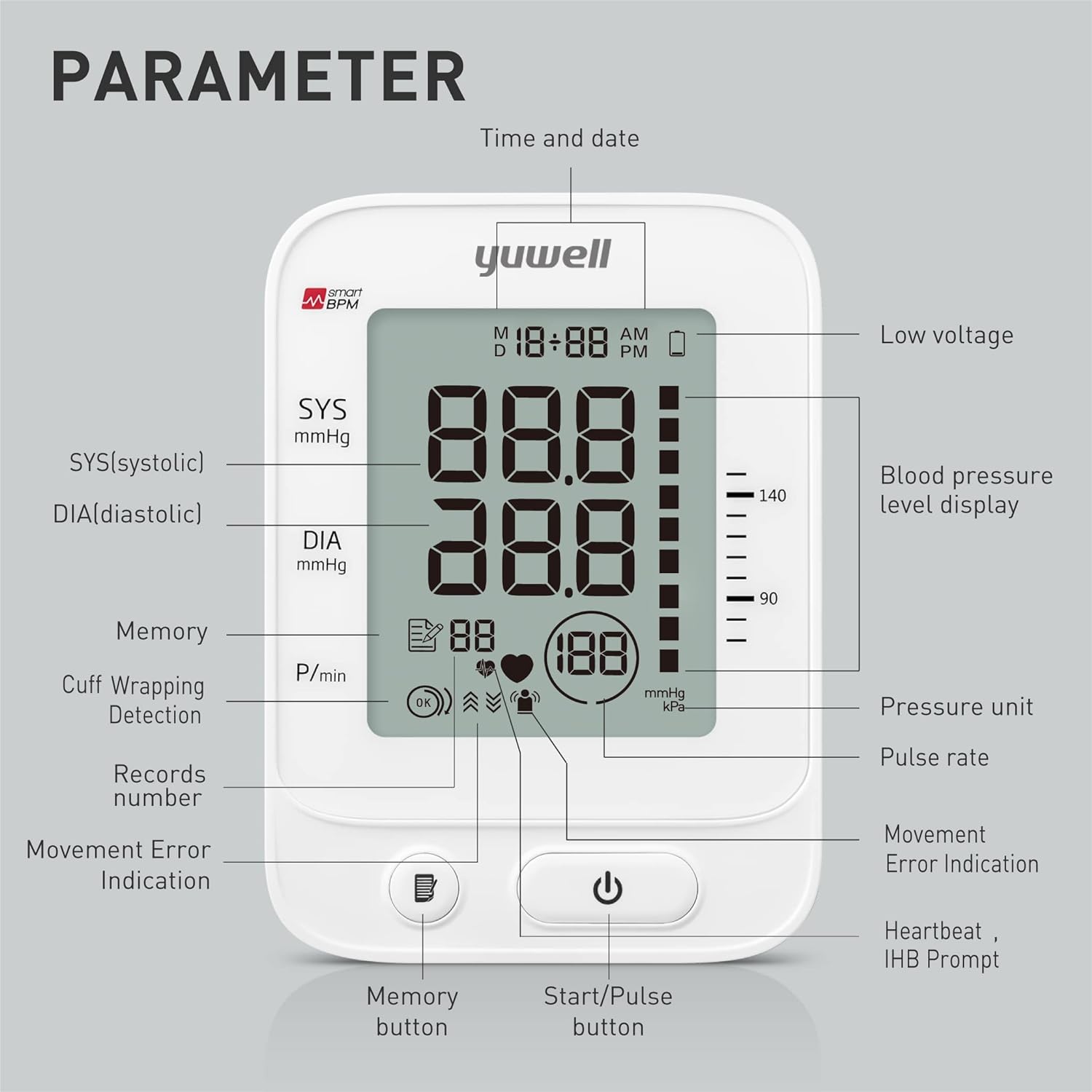 yuwell Blood Pressure Monitor, Large Upper Arm Blood Pressure Cuff, Digital Blood Pressure Machine for Home Use, Large Display, Stores 99 Readings, Voice Broadcasting with Power Adapter and Batteries